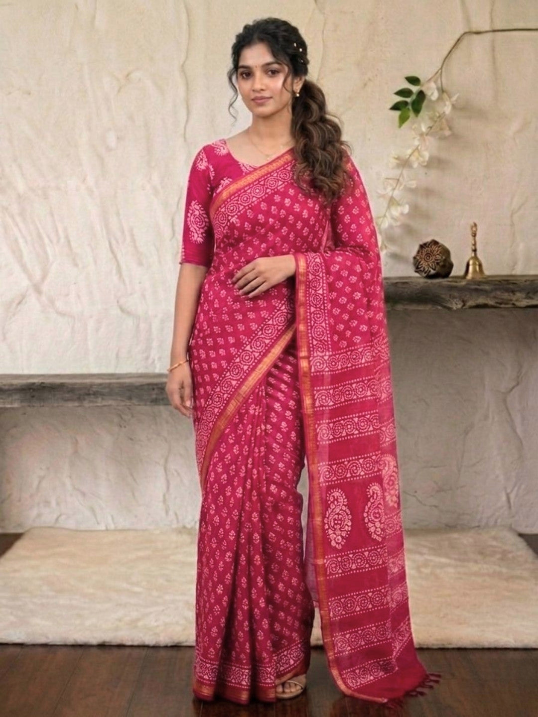 Pink Heritage Cotton Batik Saree with Blouse Piece