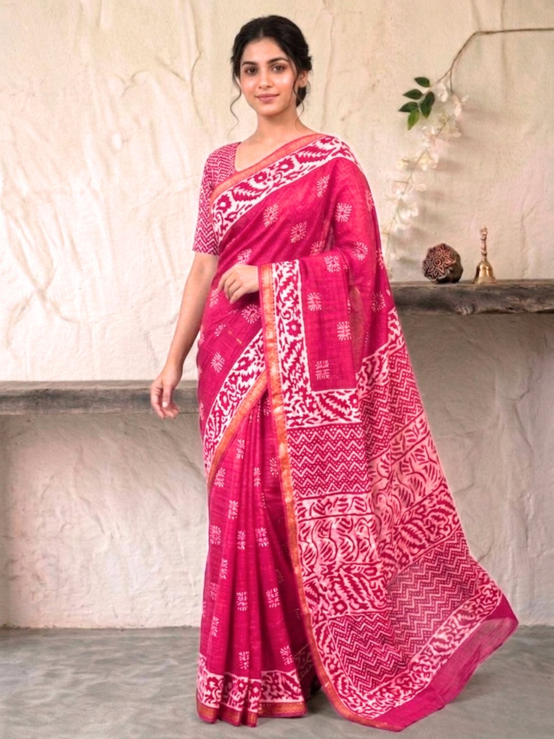 Pink Draped Cotton Batik Saree with Blouse Piece