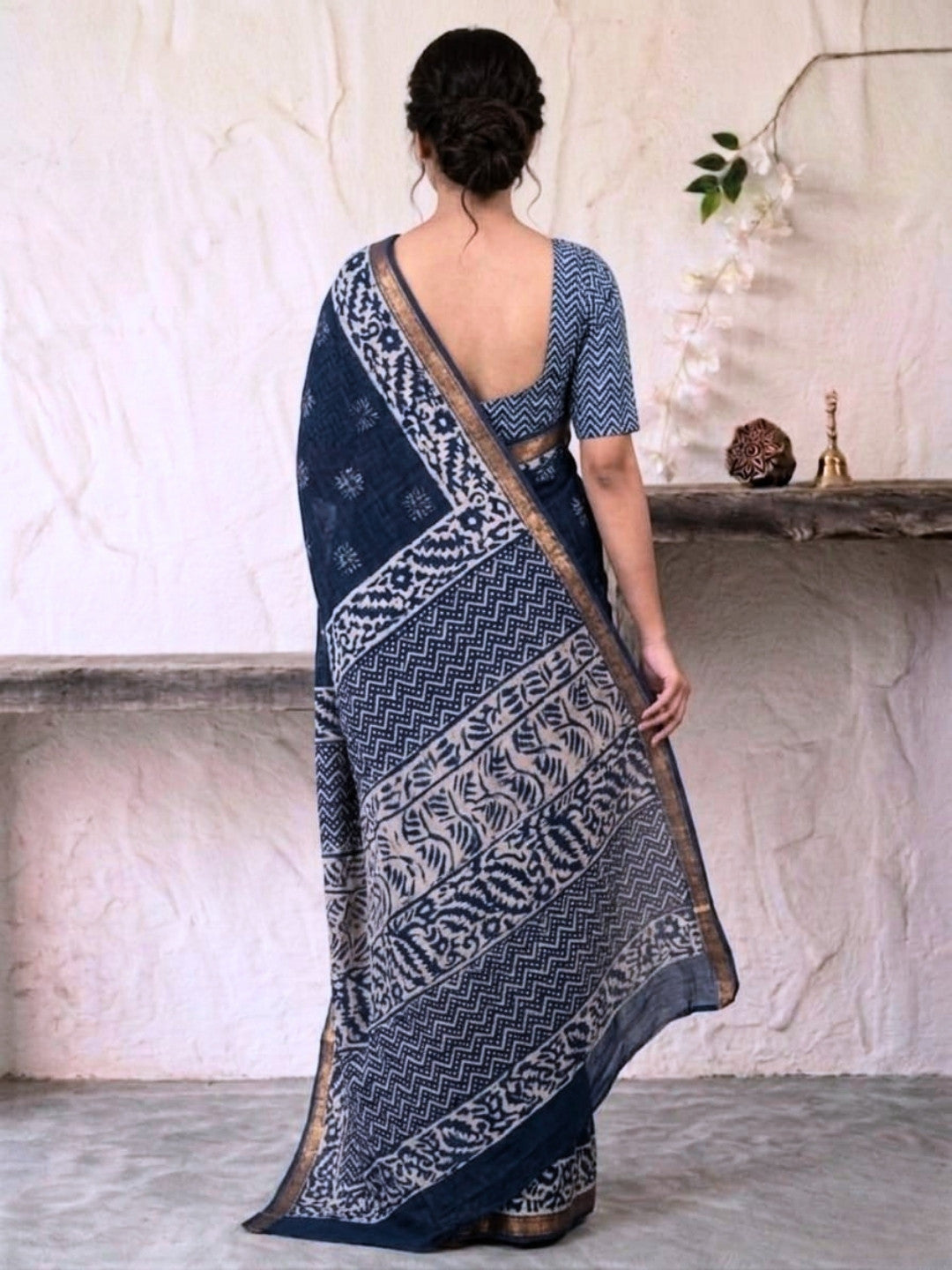 Indigo Floral Prints Cotton Batik Saree with Blouse Piece