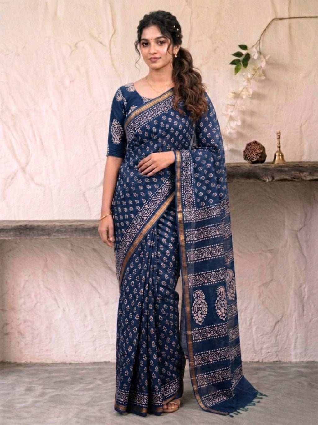Indigo Floral Prints Cotton Batik Saree with Blouse Piece