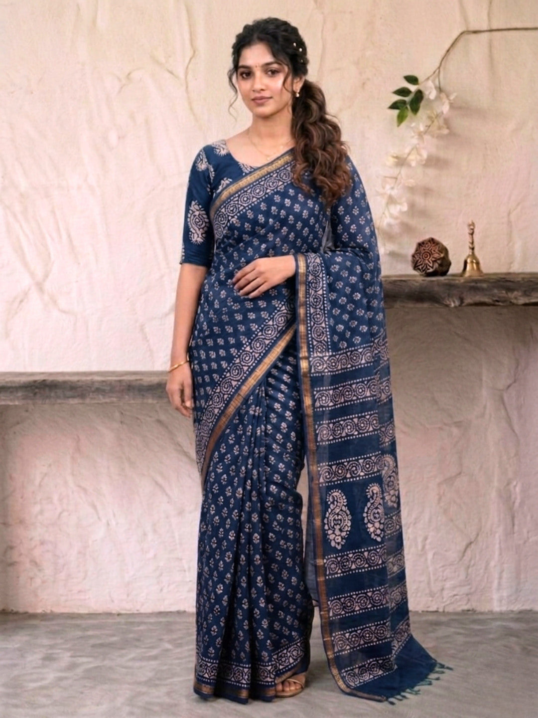 Indigo Floral Prints Cotton Batik Saree with Blouse Piece