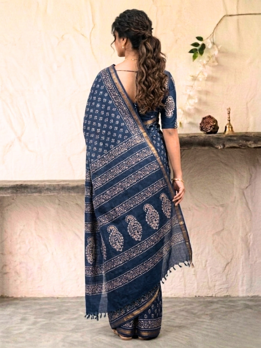 Indigo Floral Prints Cotton Batik Saree with Blouse Piece
