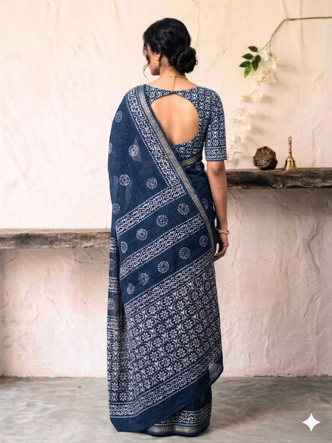 Indigo Floral Prints Cotton Batik Saree with Blouse Piece