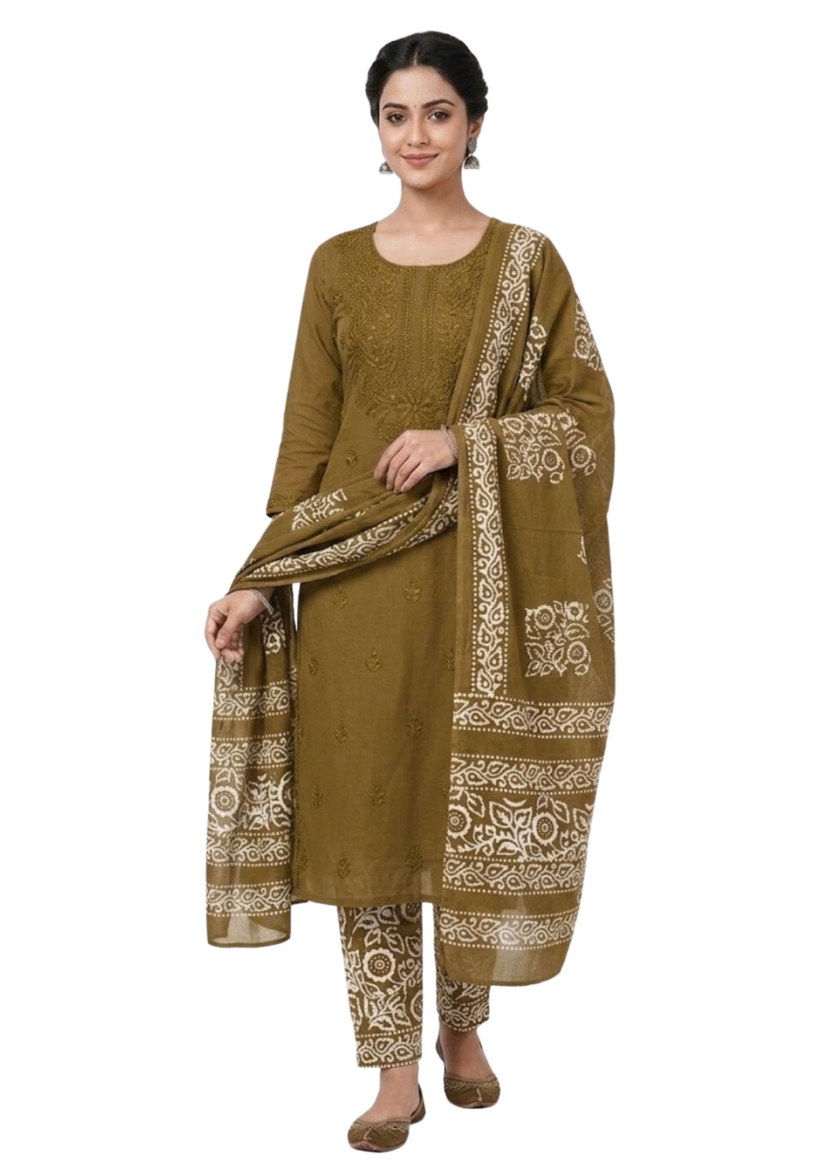 Pure Cotton Batik Lucknowi Khaki Unstitched Dress Material with Cotton Dupatta (Ethnic Wear)
