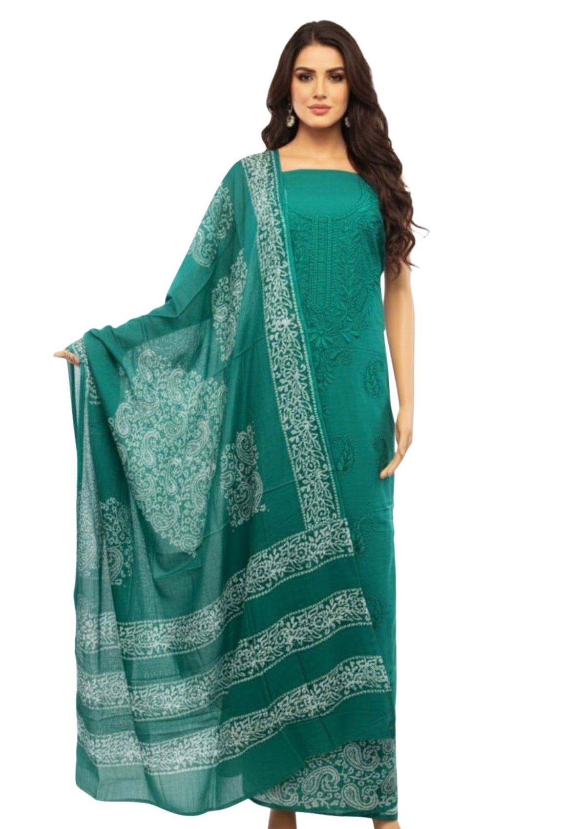 Pure Cotton Batik Lucknowi Teal Green Unstitched Dress Material with Cotton Dupatta (Summer Wear)