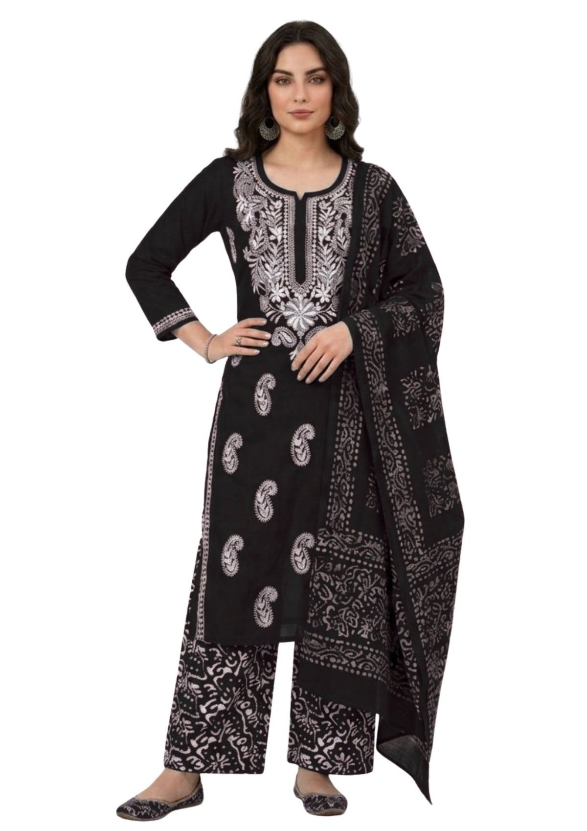 Pure Cotton Batik Lucknowi Black & White Unstitched Dress Material with Cotton Dupatta (Ethnic Wear)