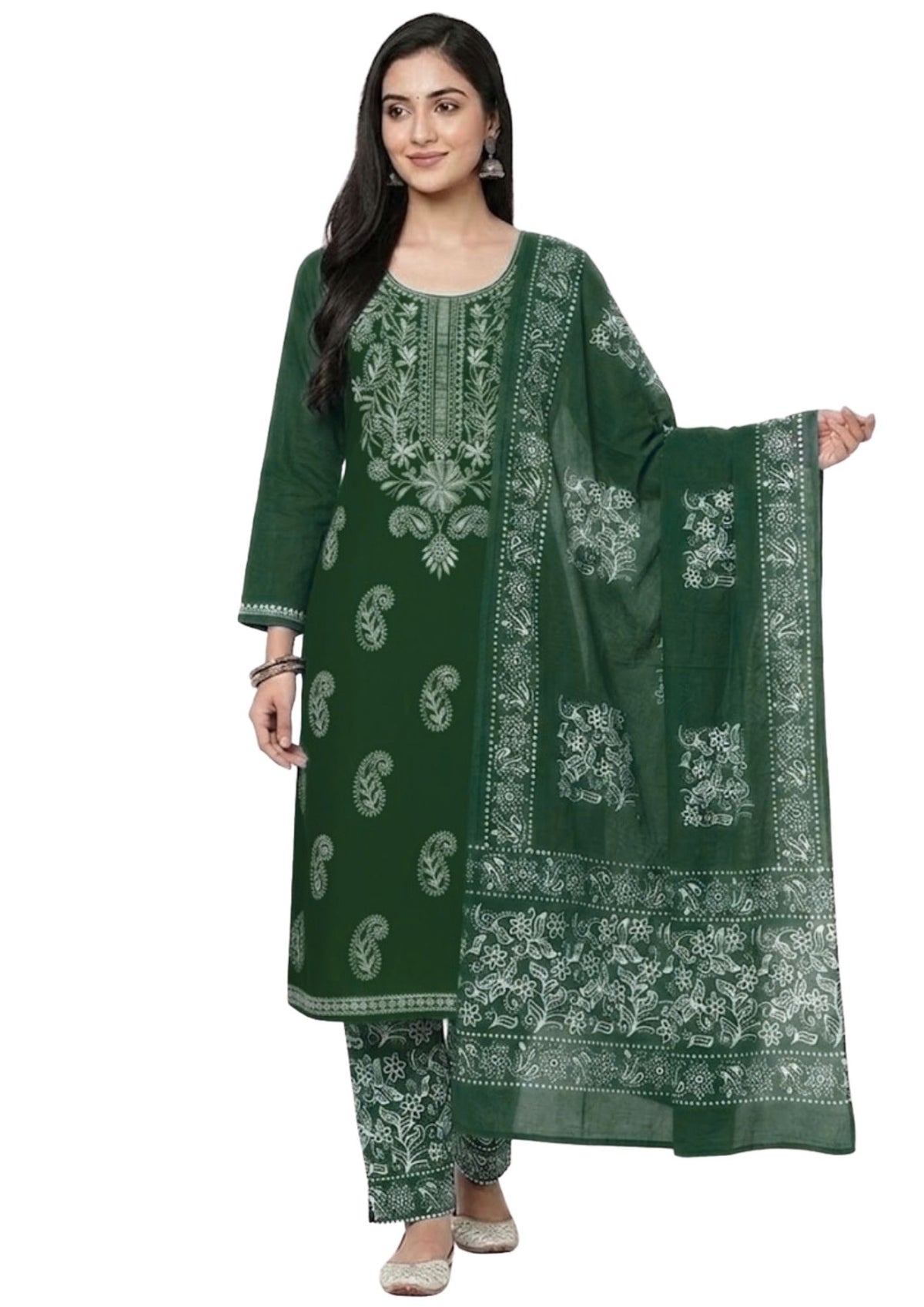 Pure Cotton Batik Lucknowi Green & White Unstitched Dress Material with Cotton Dupatta (Casual Wear)