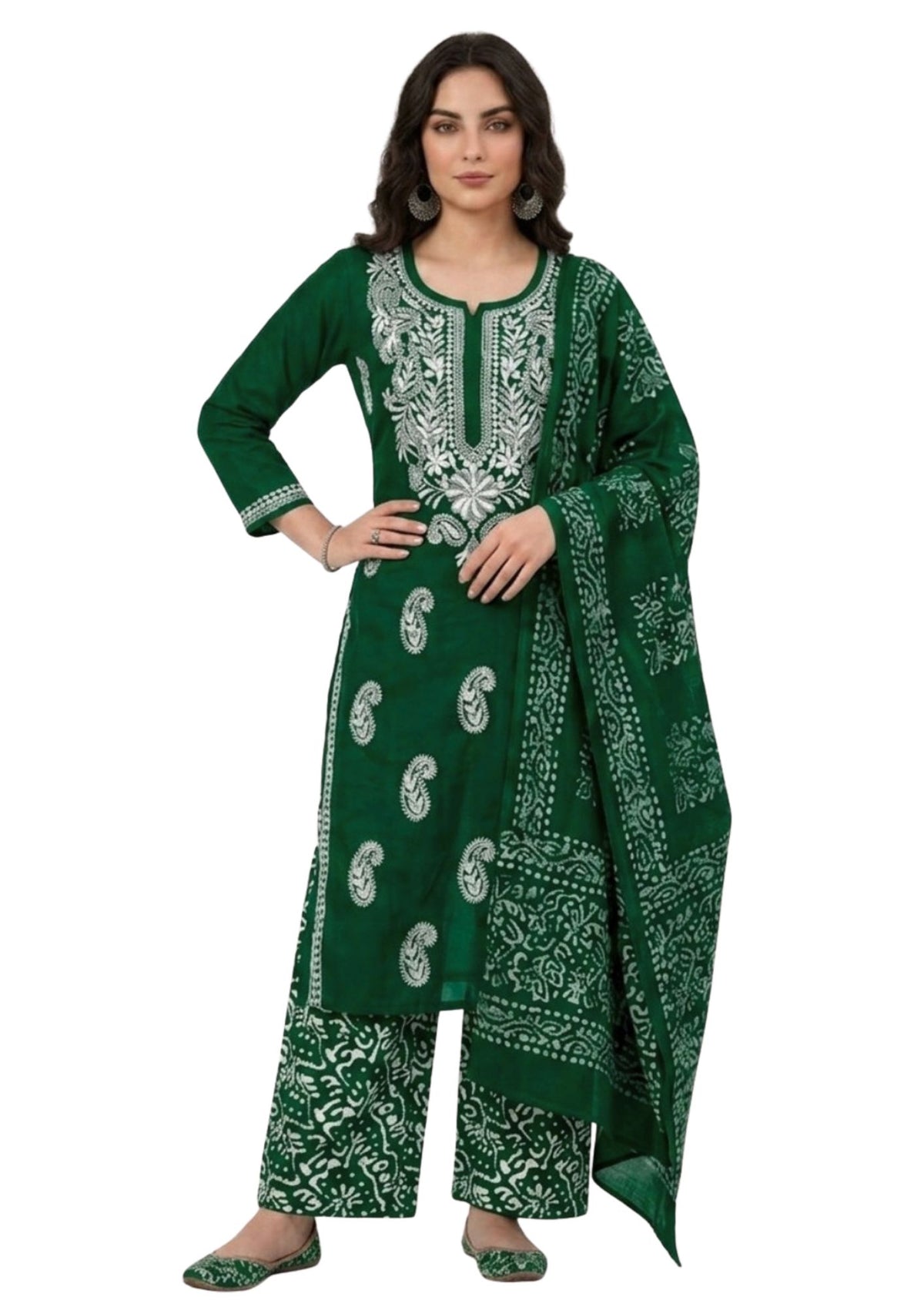 Pure Cotton Batik Lucknowi Green & White Unstitched Dress Material with Cotton Dupatta (Everyday Wear)