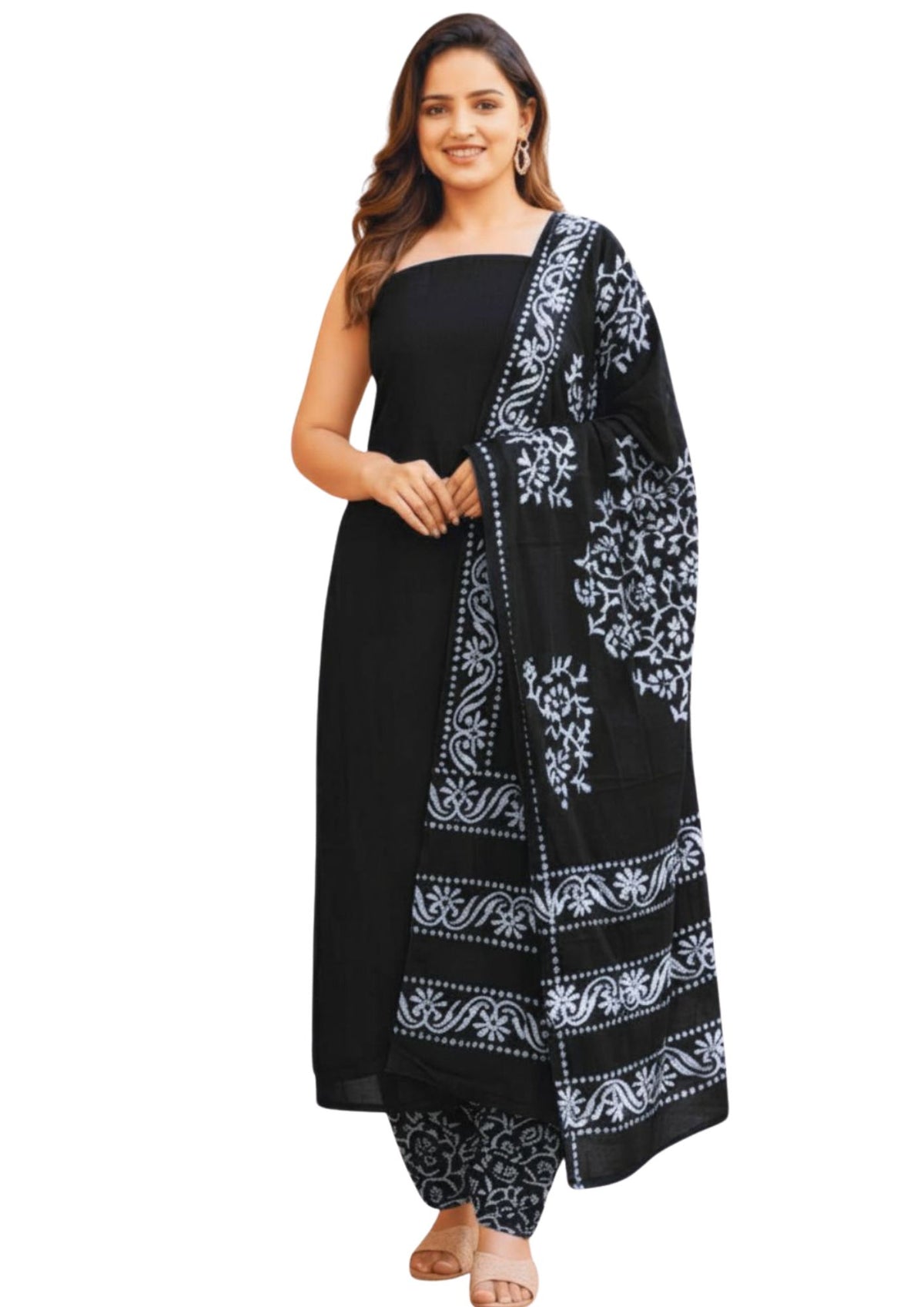Pure Cotton Batik Lucknowi Black Unstitched Dress Material with Cotton Dupatta (Ethnic Wear)