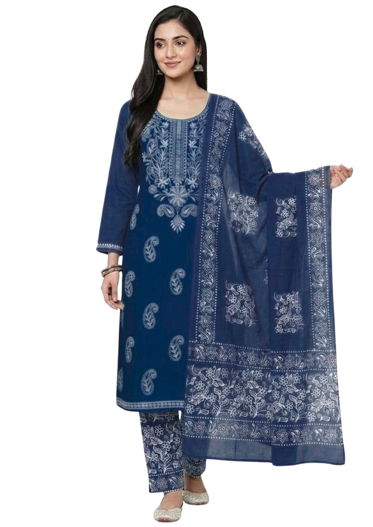 Pure Cotton Batik Lucknowi Indigo & White Unstitched Dress Material with Cotton Dupatta (Ethnic Wear)