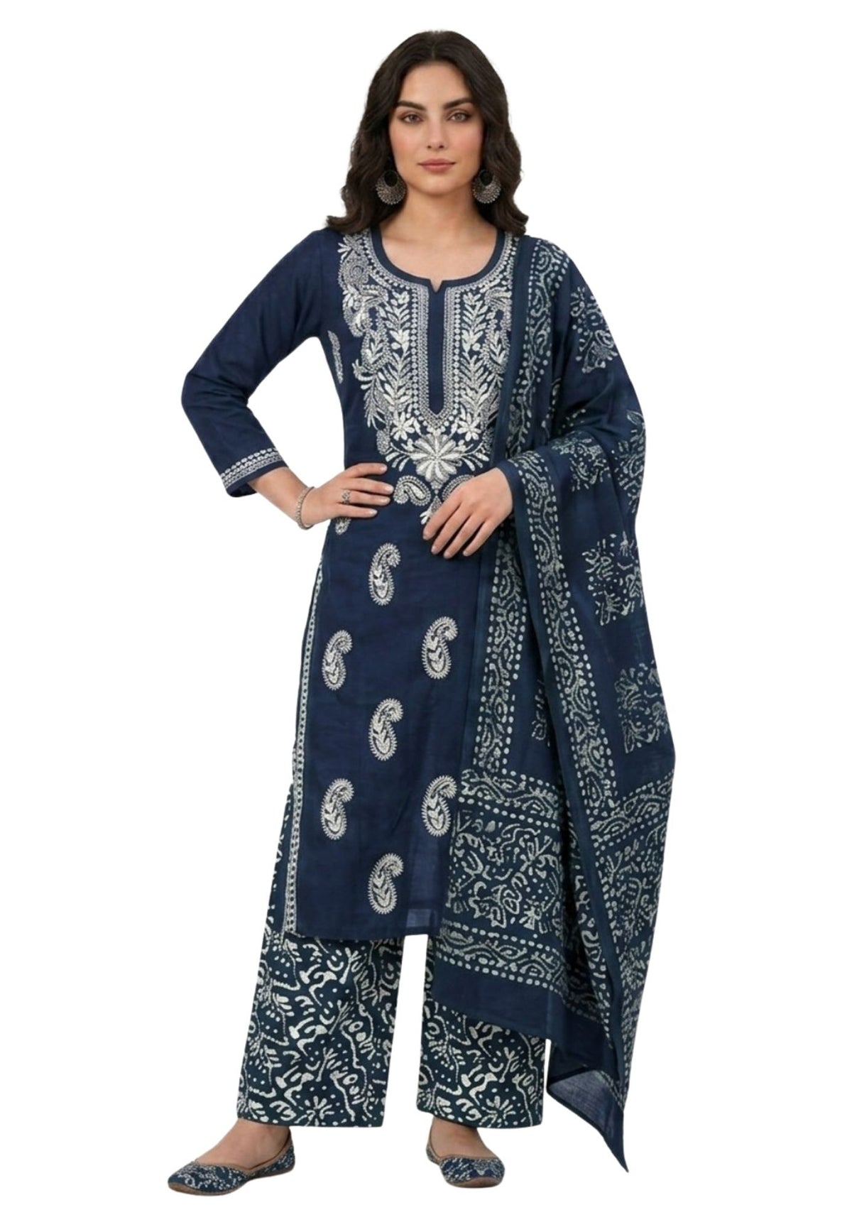 Pure Cotton Batik Lucknowi Indigo & White Unstitched Dress Material with Cotton Dupatta (Casual Wear)