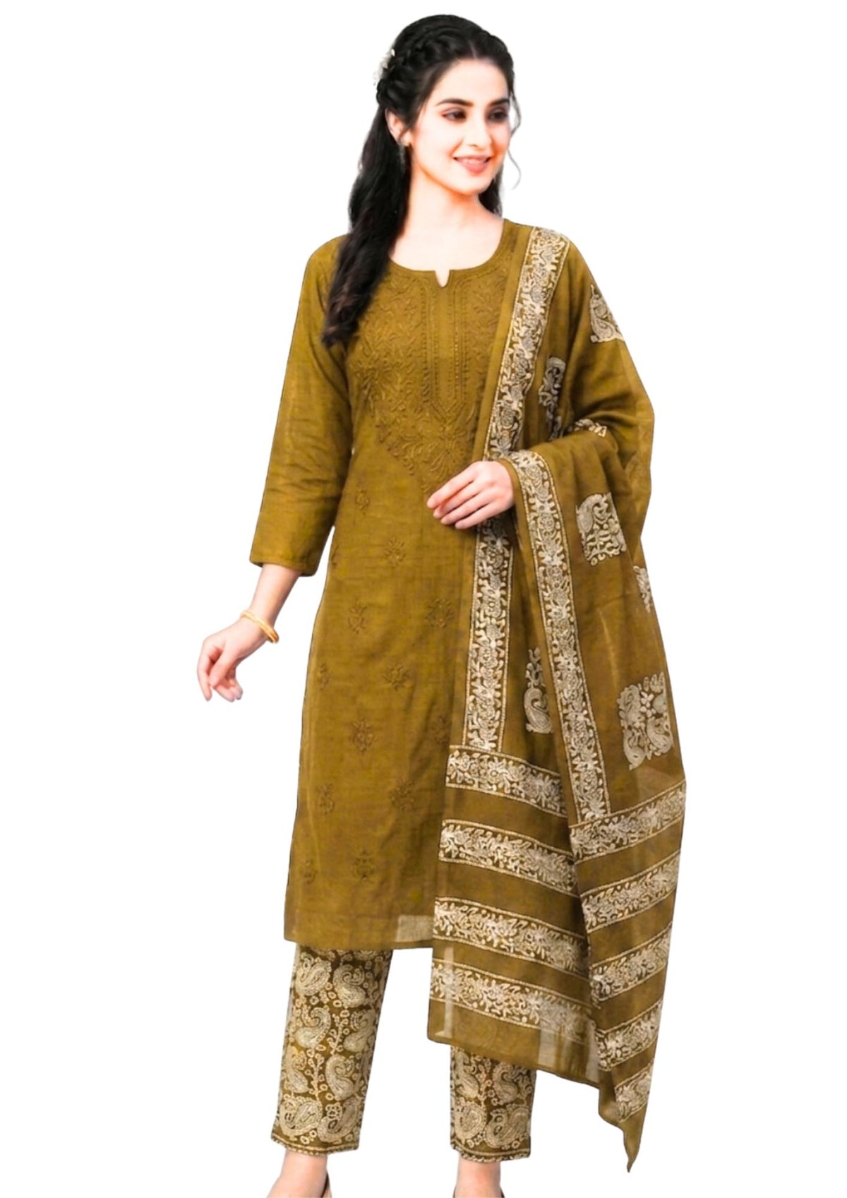 Pure Cotton Batik Lucknowi Khaki Unstitched Dress Material with Cotton Dupatta (Festive Wear)