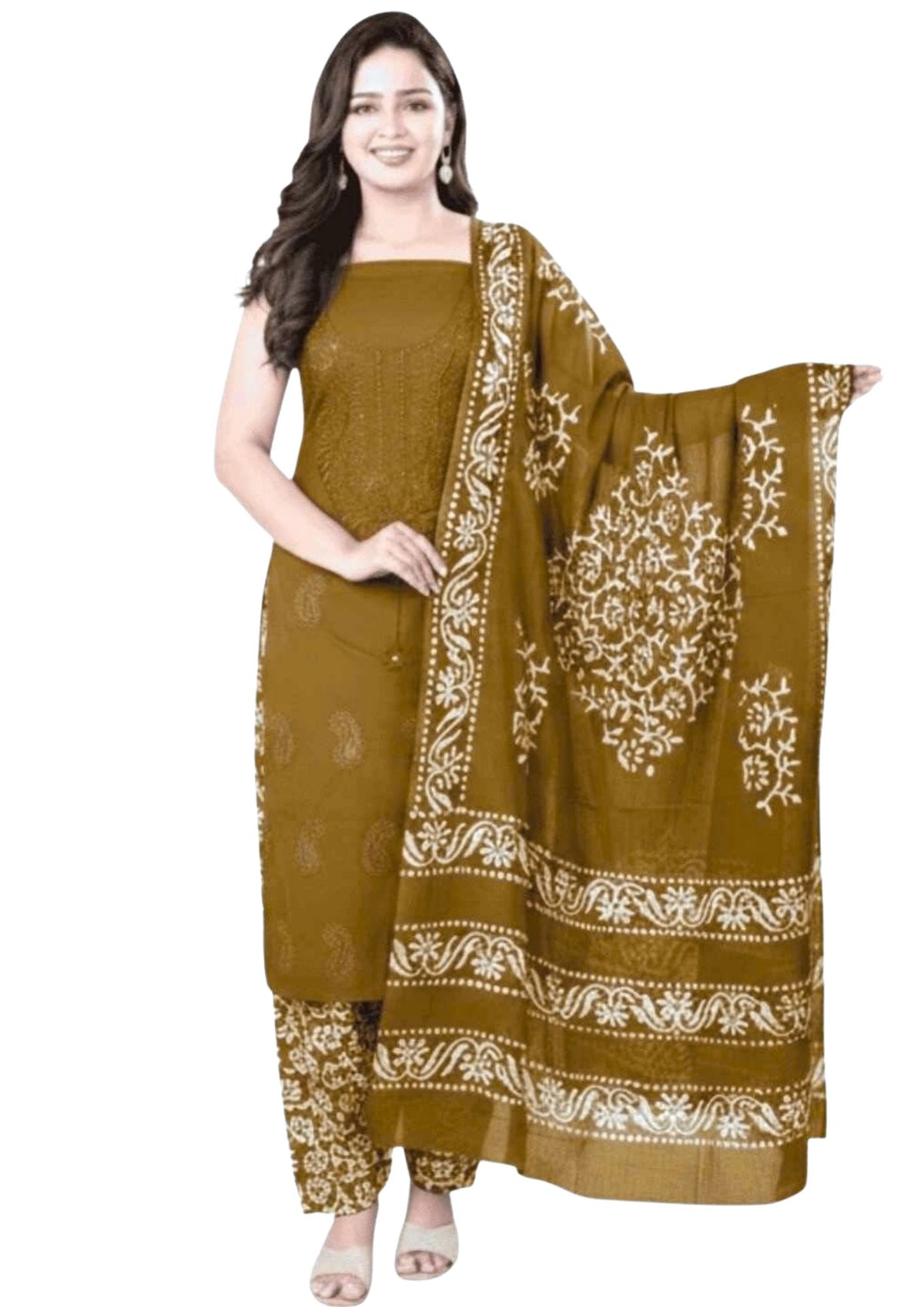 Pure Cotton Batik Lucknowi Khaki Unstitched Dress Material with Cotton Dupatta (Office Wear)