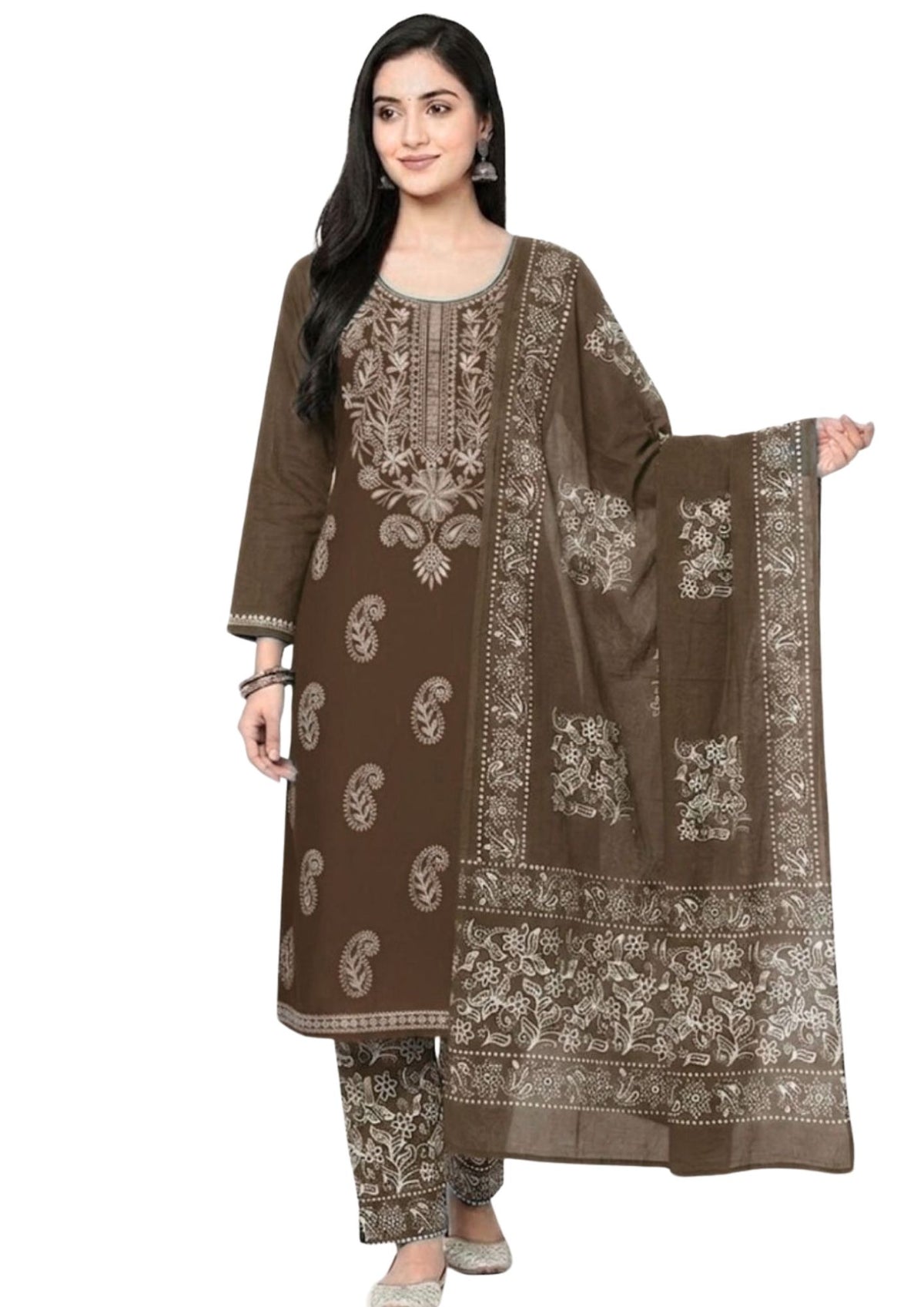 Pure Cotton Batik Lucknowi Lakda Brown & White Unstitched Dress Material with Cotton Dupatta (Everyday Wear)