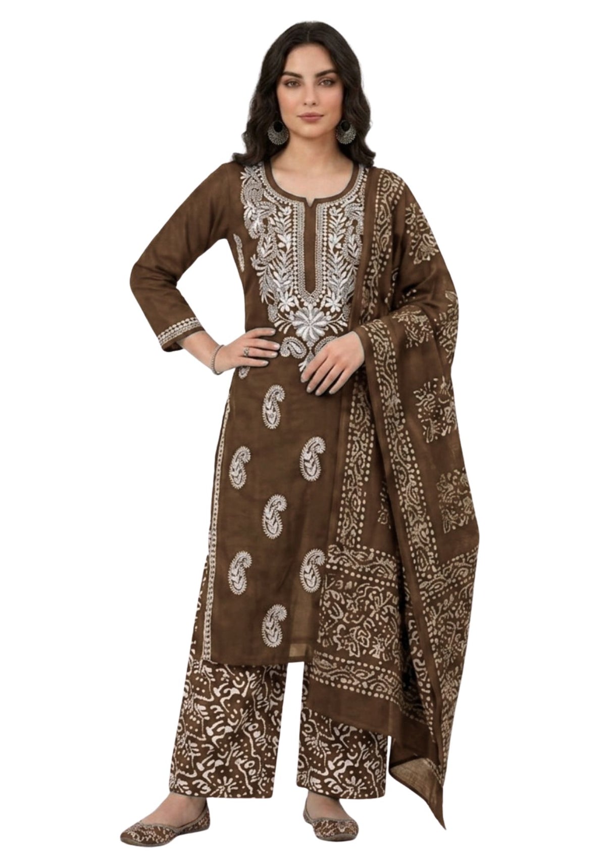 Pure Cotton Batik Lucknowi Lakda Brown & White Unstitched Dress Material with Cotton Dupatta (Summer Wear)