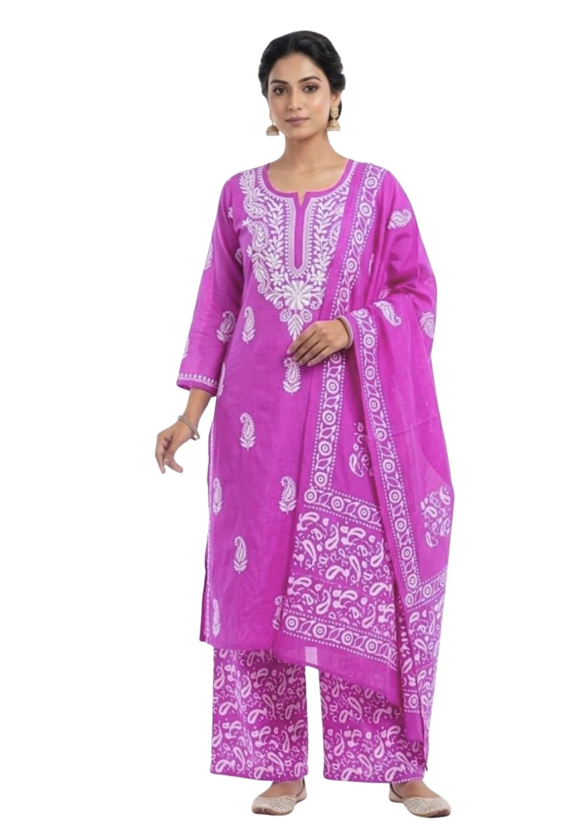 Pure Cotton Batik Lucknowi Magenta & White Unstitched Dress Material with Cotton Dupatta (Casual Wear)