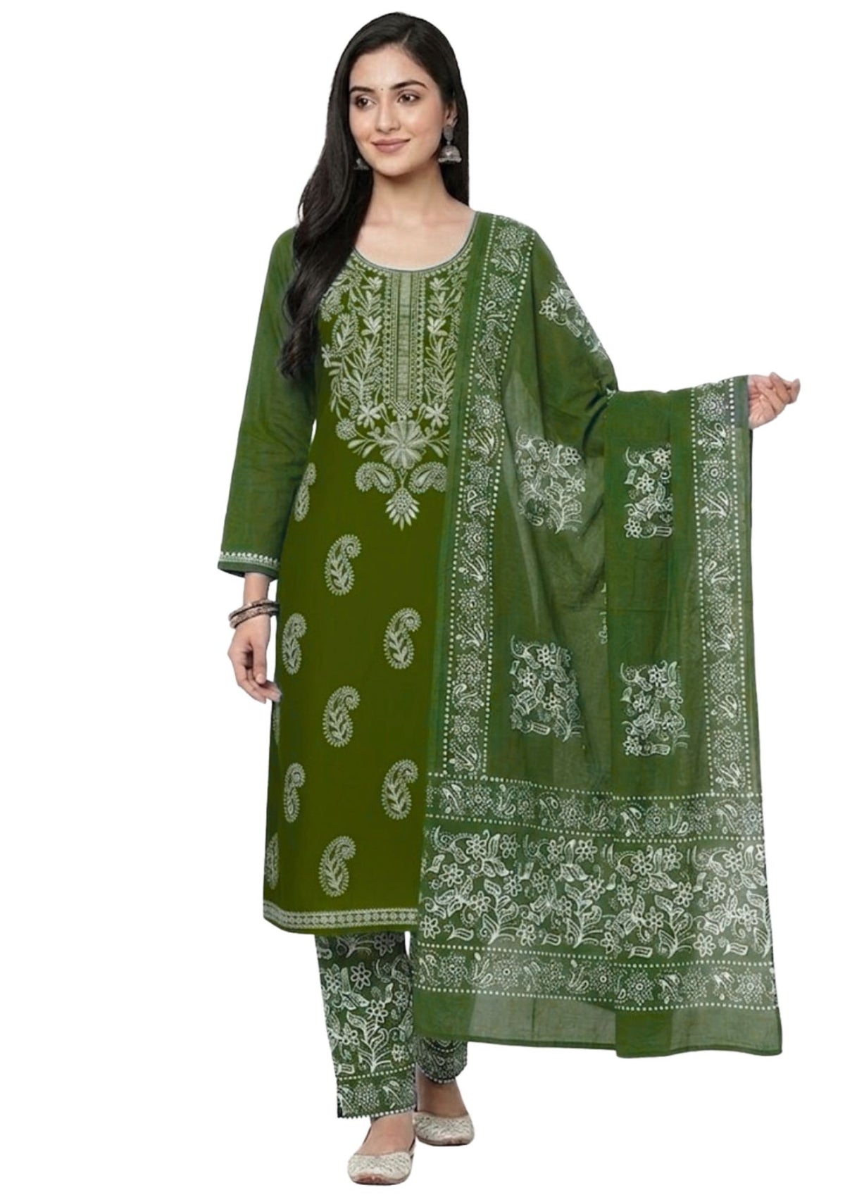 Pure Cotton Batik Lucknowi Mehndi Green & White Unstitched Dress Material with Cotton Dupatta (Everyday Wear)