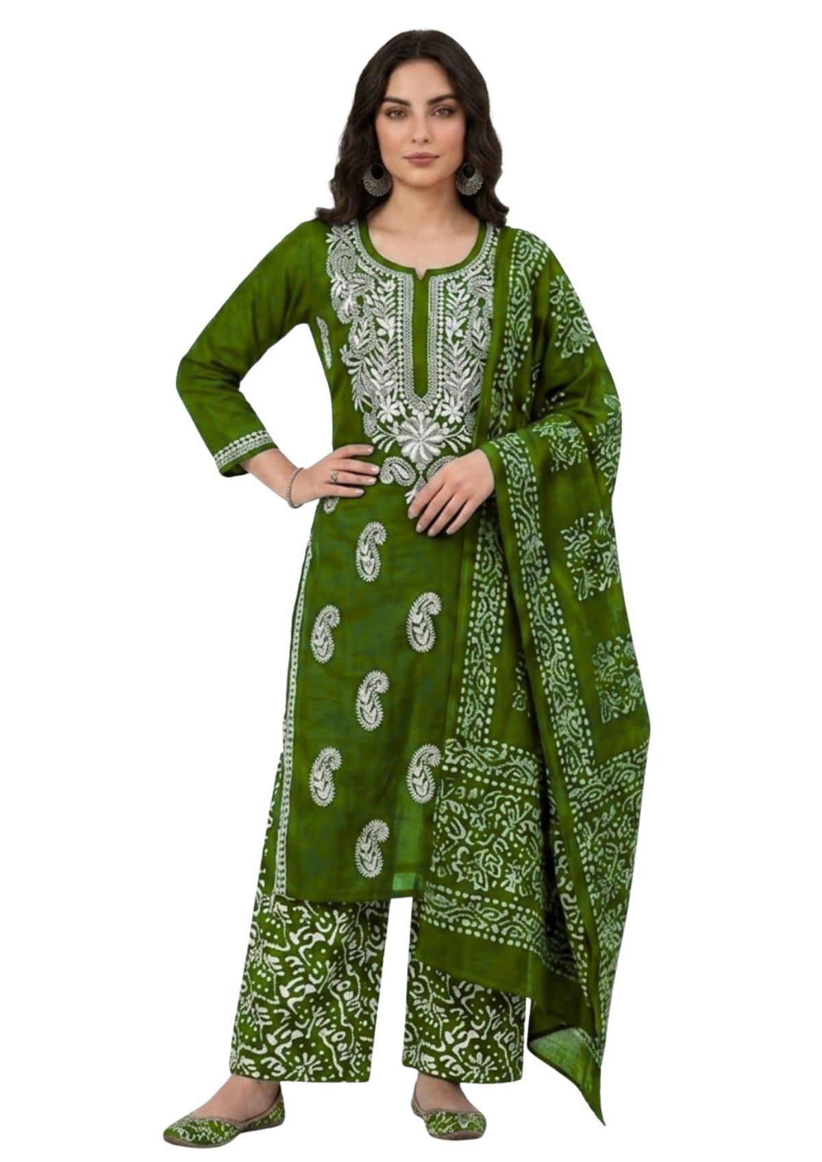 Pure Cotton Batik Lucknowi Mehndi Green & White Unstitched Dress Material with Cotton Dupatta (Summer Wear)