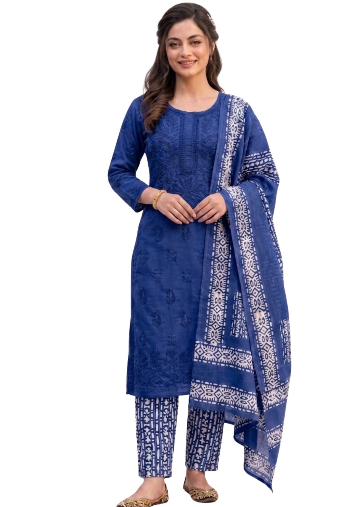 Pure Cotton Batik Lucknowi Blue Unstitched Dress Material with Cotton Dupatta (Occasion Wear)