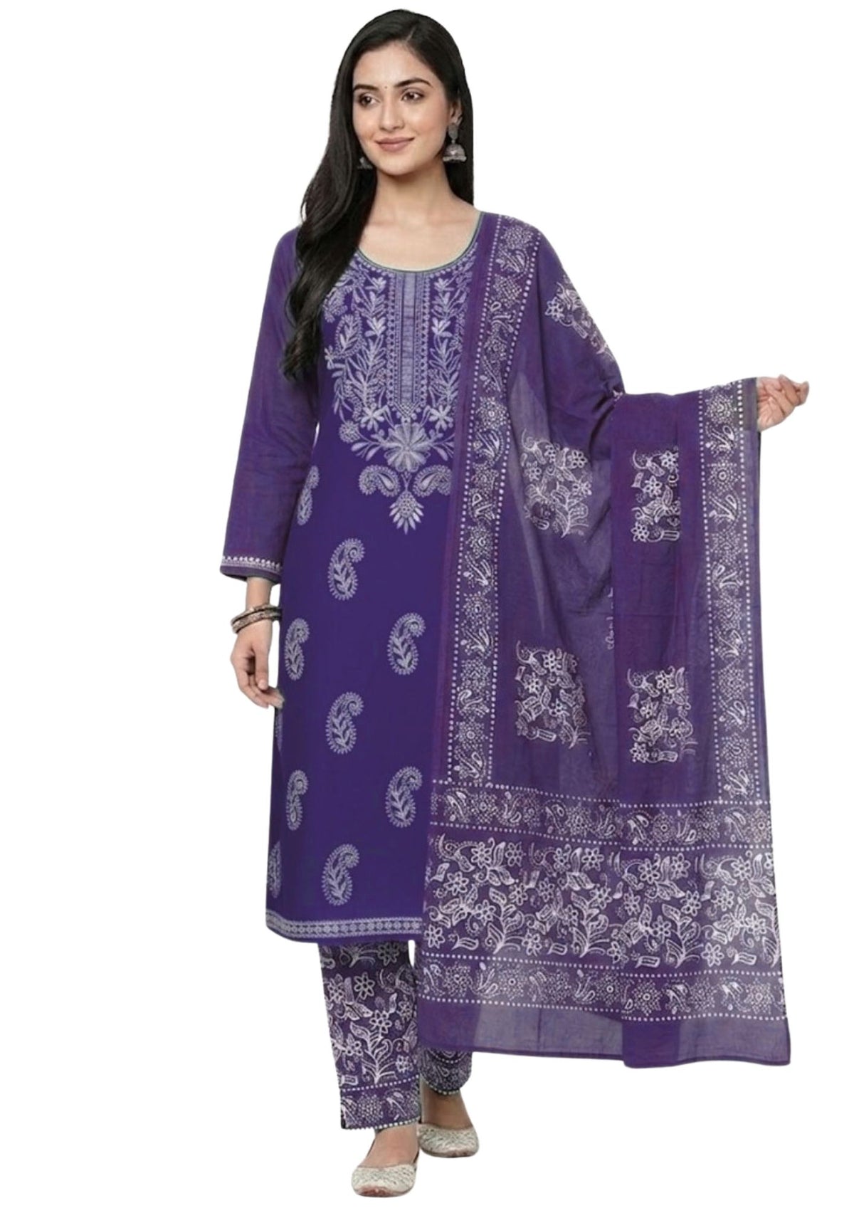 Pure Cotton Batik Lucknowi Purple & White Unstitched Dress Material with Cotton Dupatta (Casual Wear)