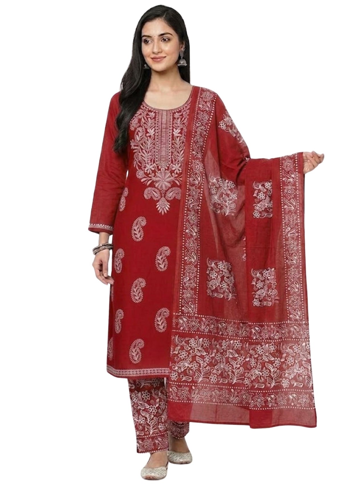 Pure Cotton Batik Lucknowi Red & White Unstitched Dress Material with Cotton Dupatta (Office Wear)