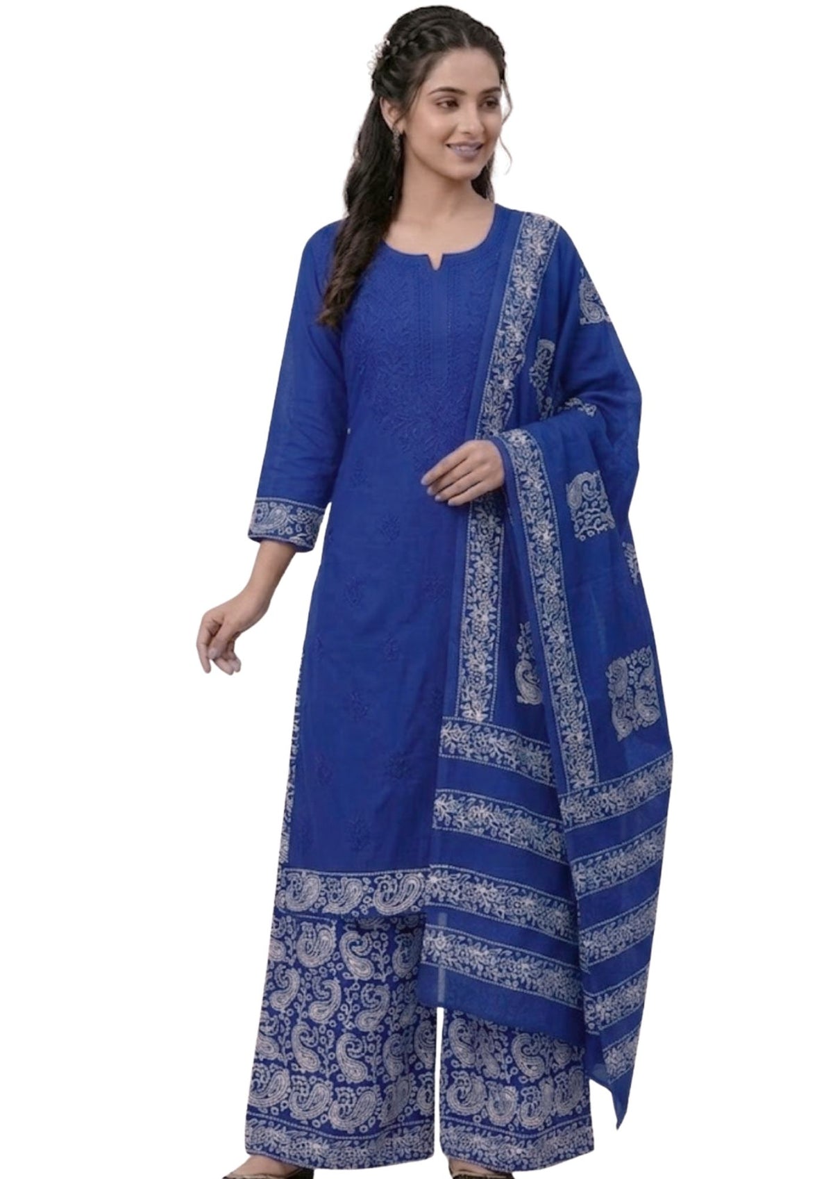 Pure Cotton Batik Lucknowi Blue Unstitched Dress Material with Cotton Dupatta (Office Wear)