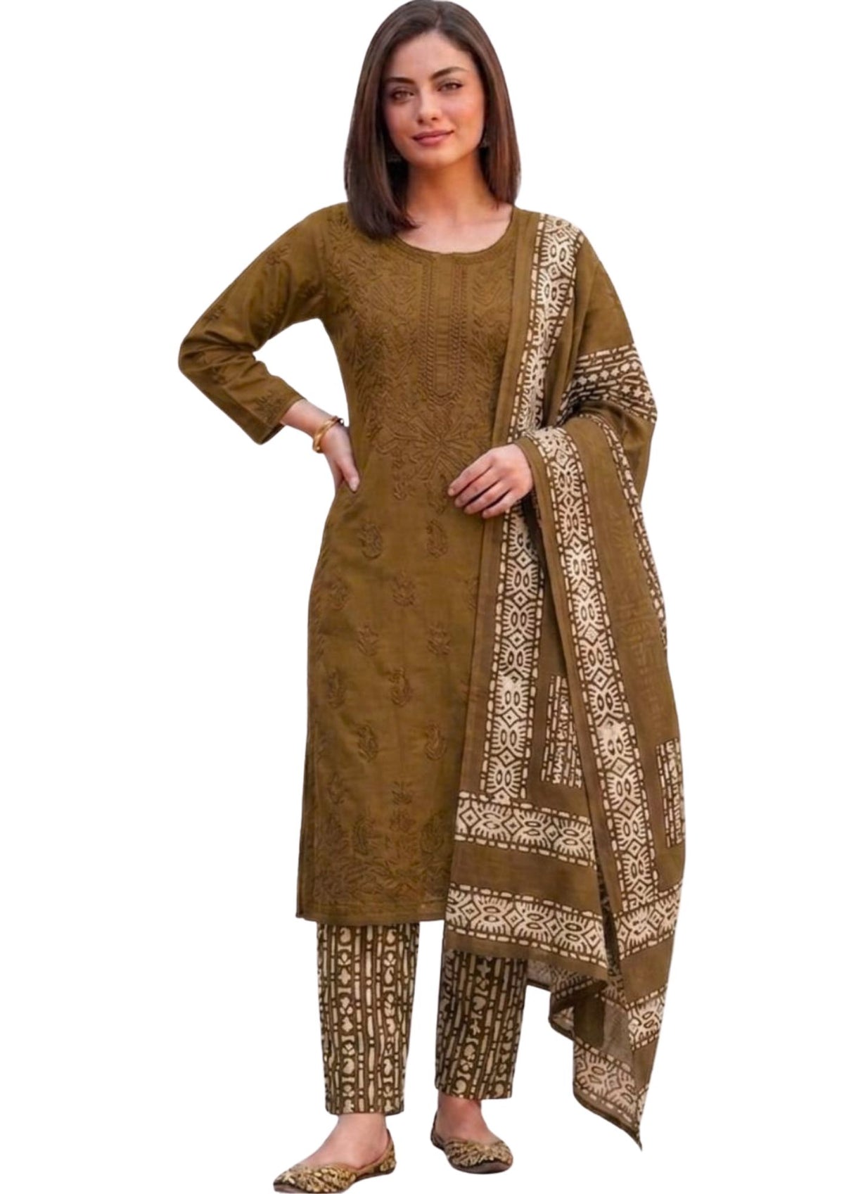 Pure Cotton Batik Lucknowi Brown Unstitched Dress Material with Cotton Dupatta (Casual Wear)