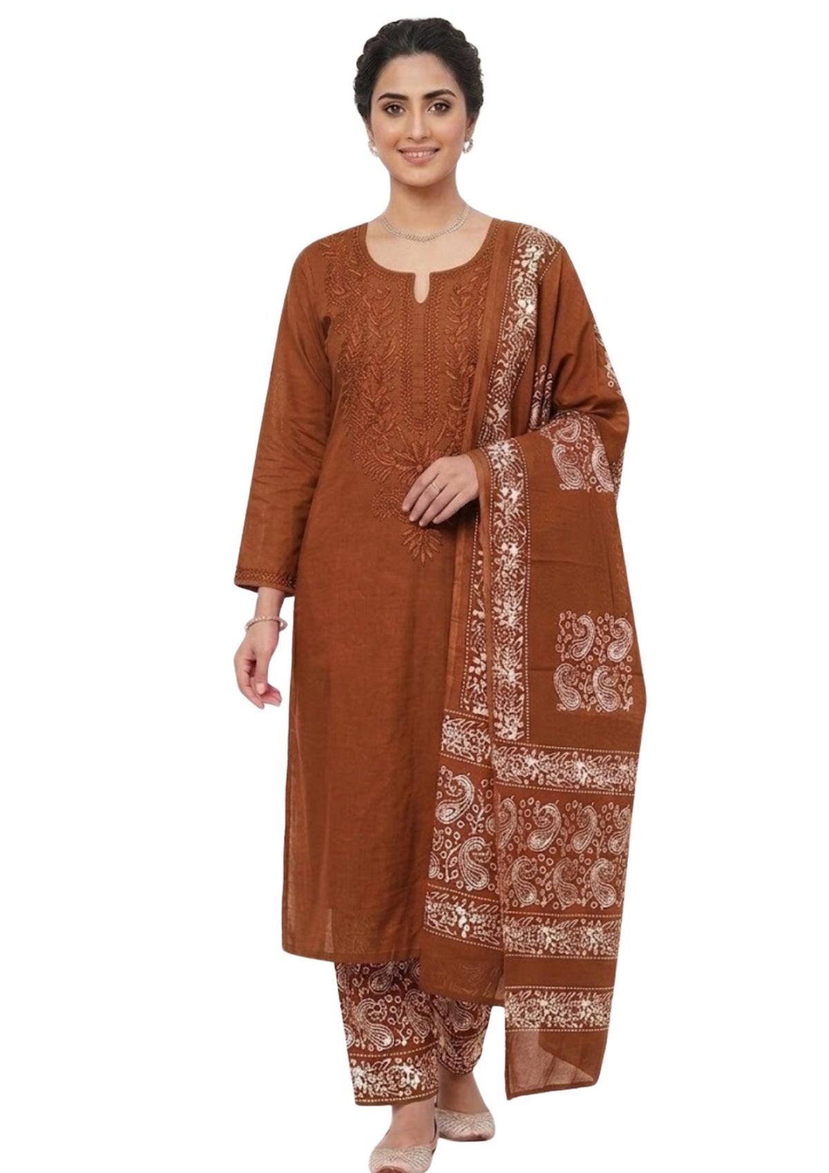 Pure Cotton Batik Lucknowi Brown Unstitched Dress Material with Cotton Dupatta (Everyday Wear)