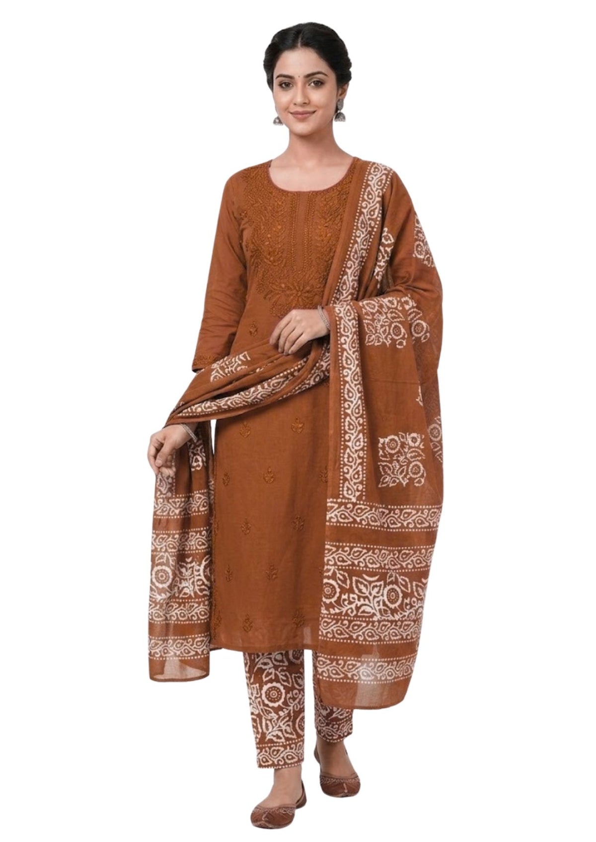 Pure Cotton Batik Lucknowi Brown Unstitched Dress Material with Cotton Dupatta (Occasion Wear)