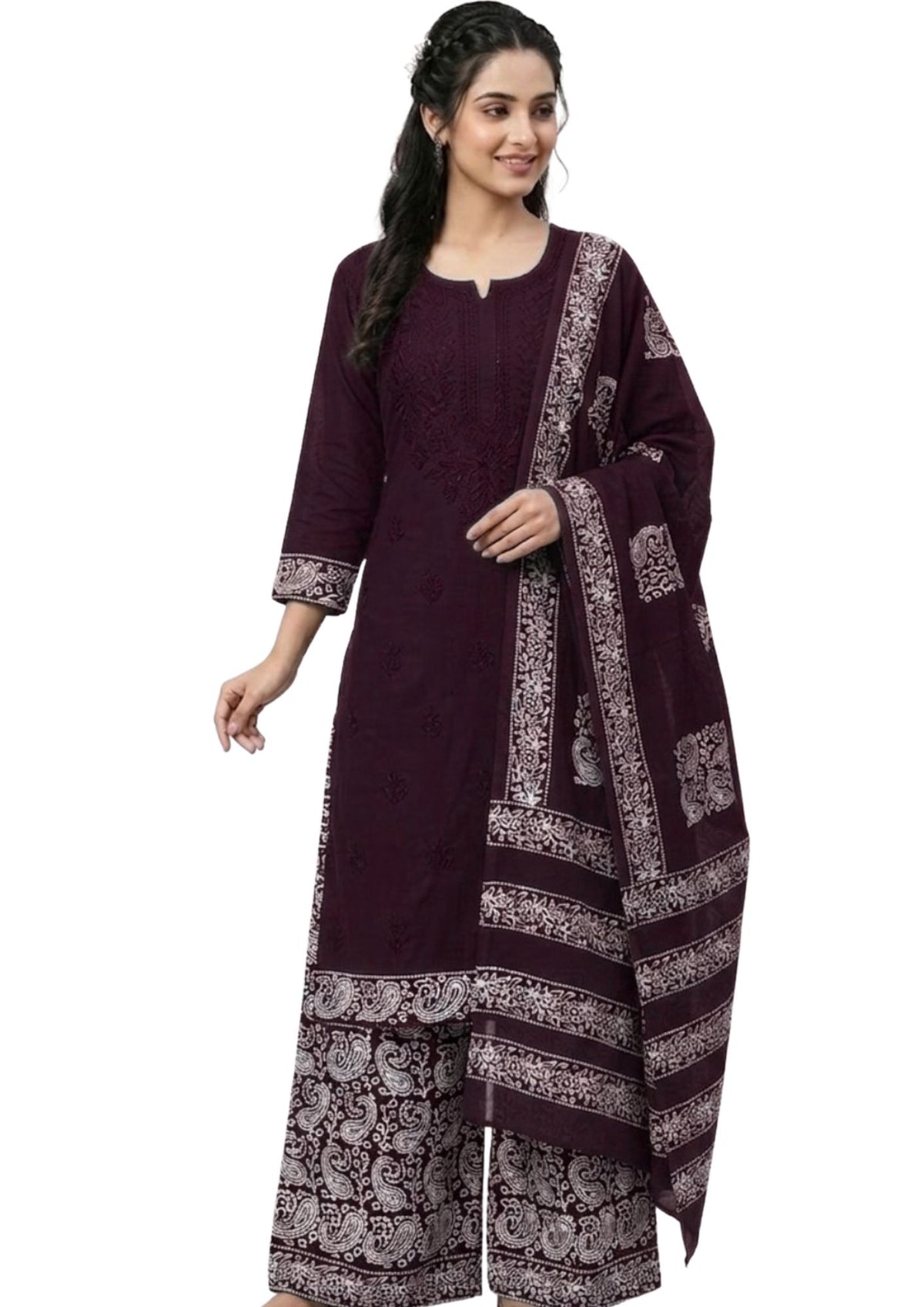 Pure Cotton Batik Lucknowi Coffee Unstitched Dress Material with Cotton Dupatta (Office Wear)