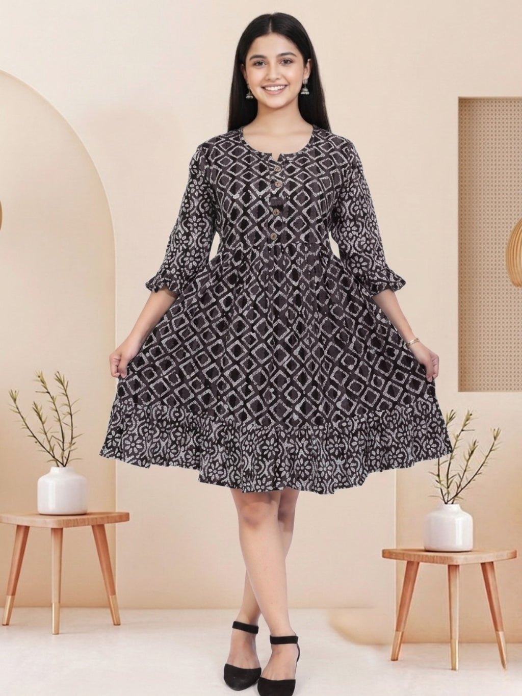 Black Batik Hand Printed Cotton Straight Tunic