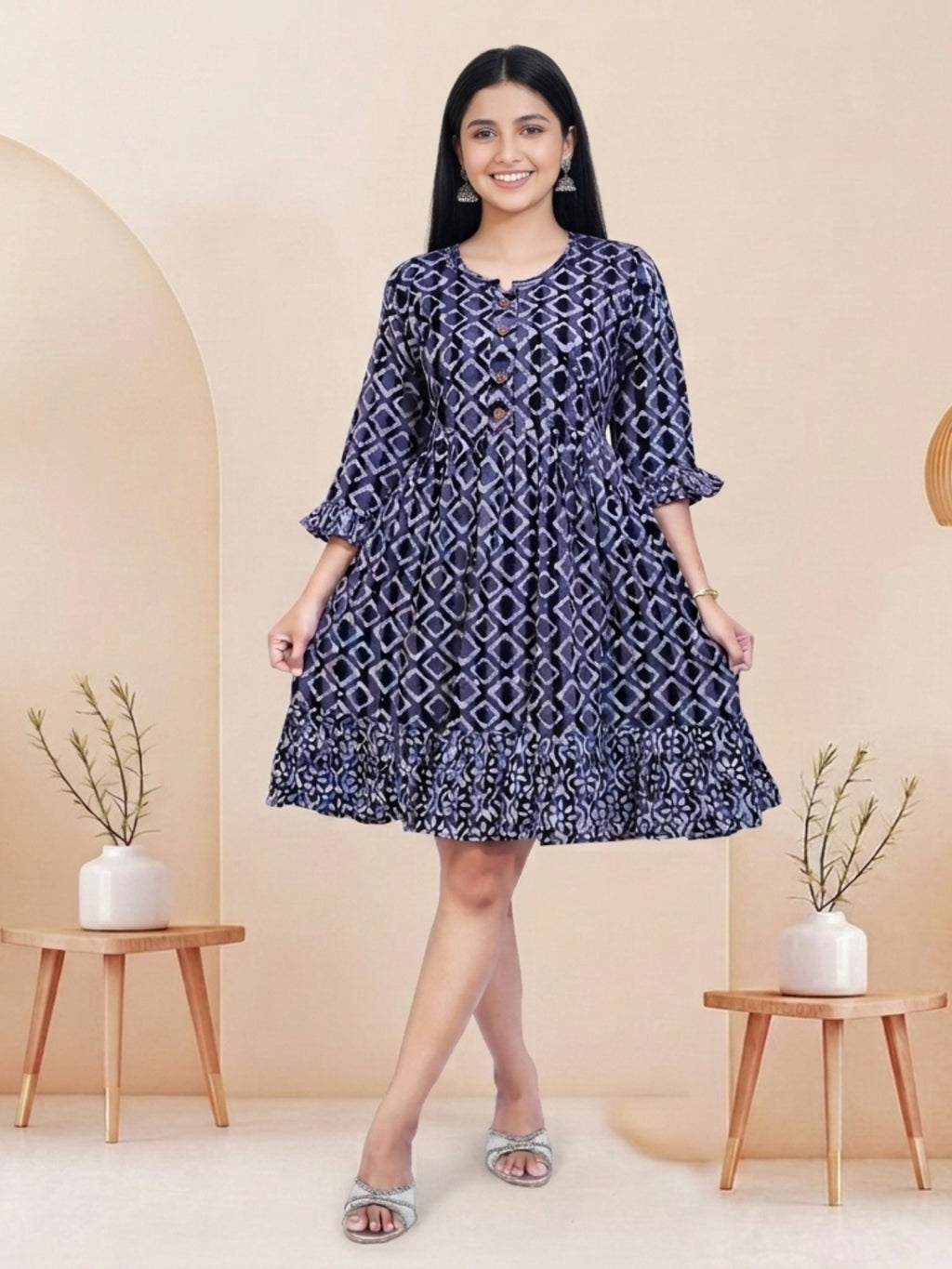 Navy Blue Batik Hand Printed Cotton Straight Tunic