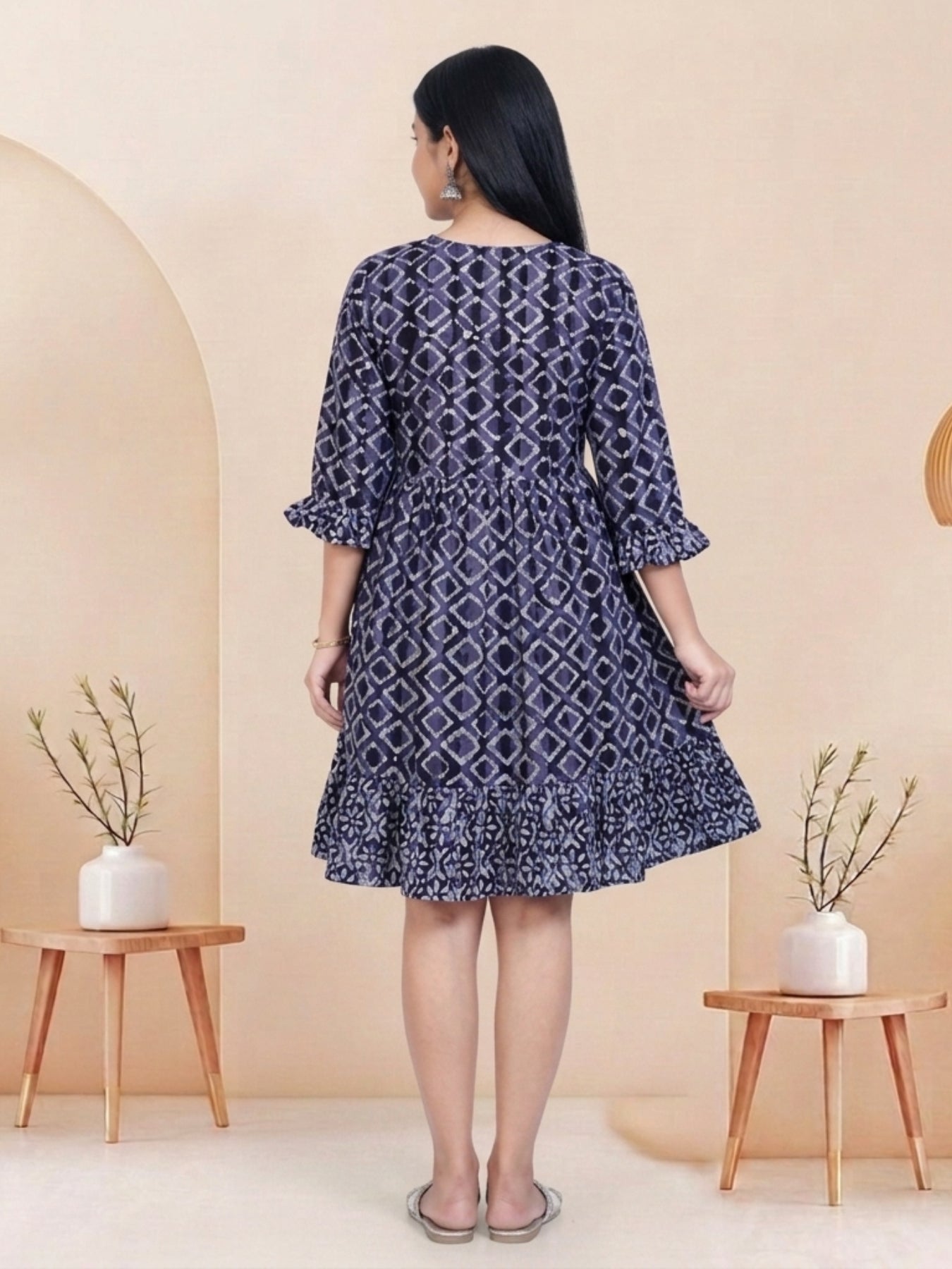 Navy Blue Batik Hand Printed Cotton Straight Tunic