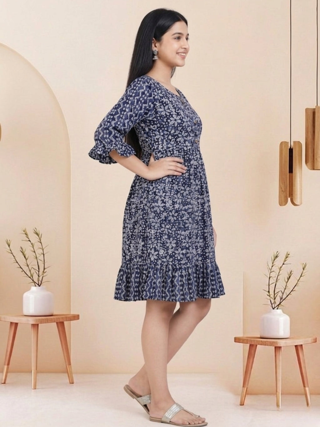 Navy Blue Batik Hand Printed Cotton Straight Tunic
