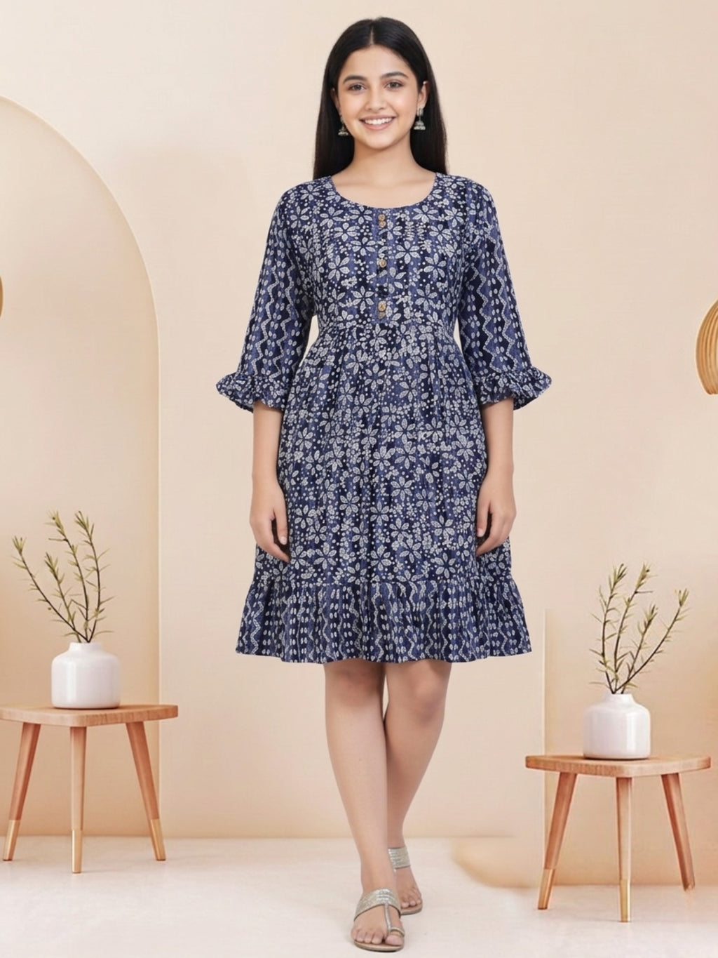 Navy Blue Batik Hand Printed Cotton Straight Tunic