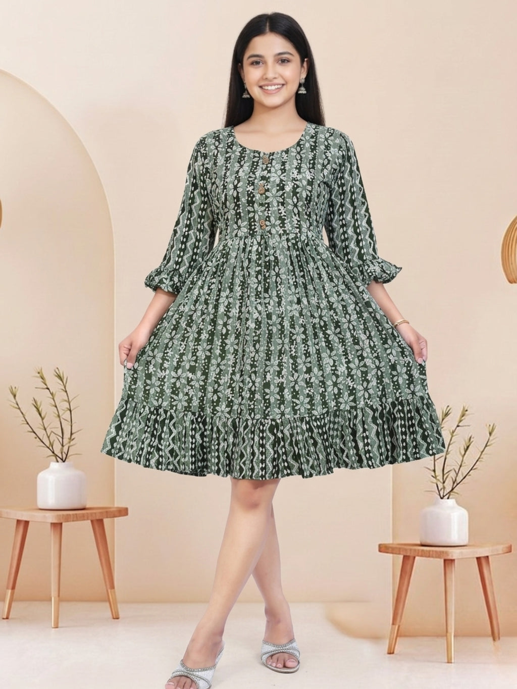 Olive Green Batik Hand Printed Cotton Straight Tunic