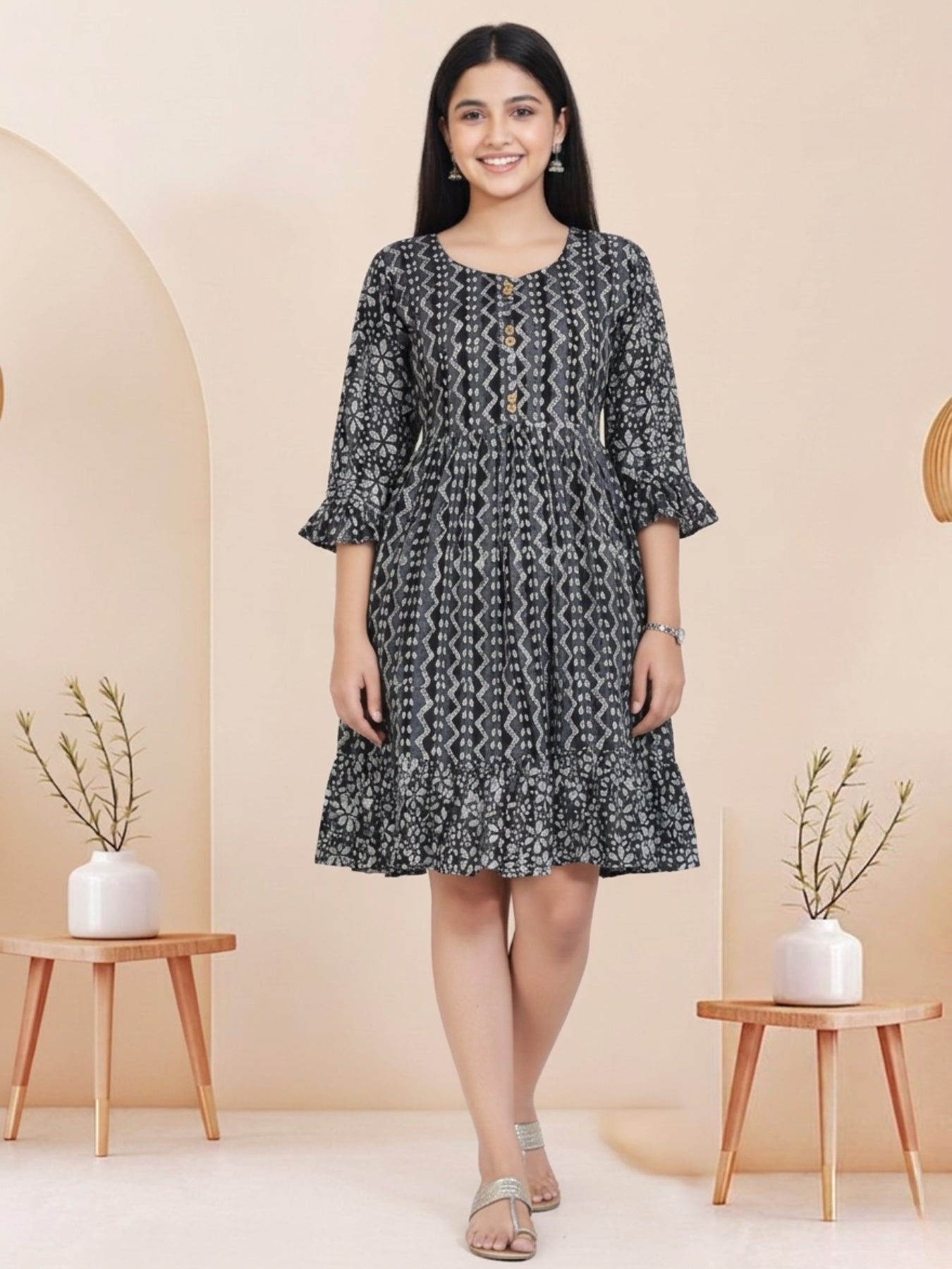 Black Batik Hand Printed Cotton Straight Tunic