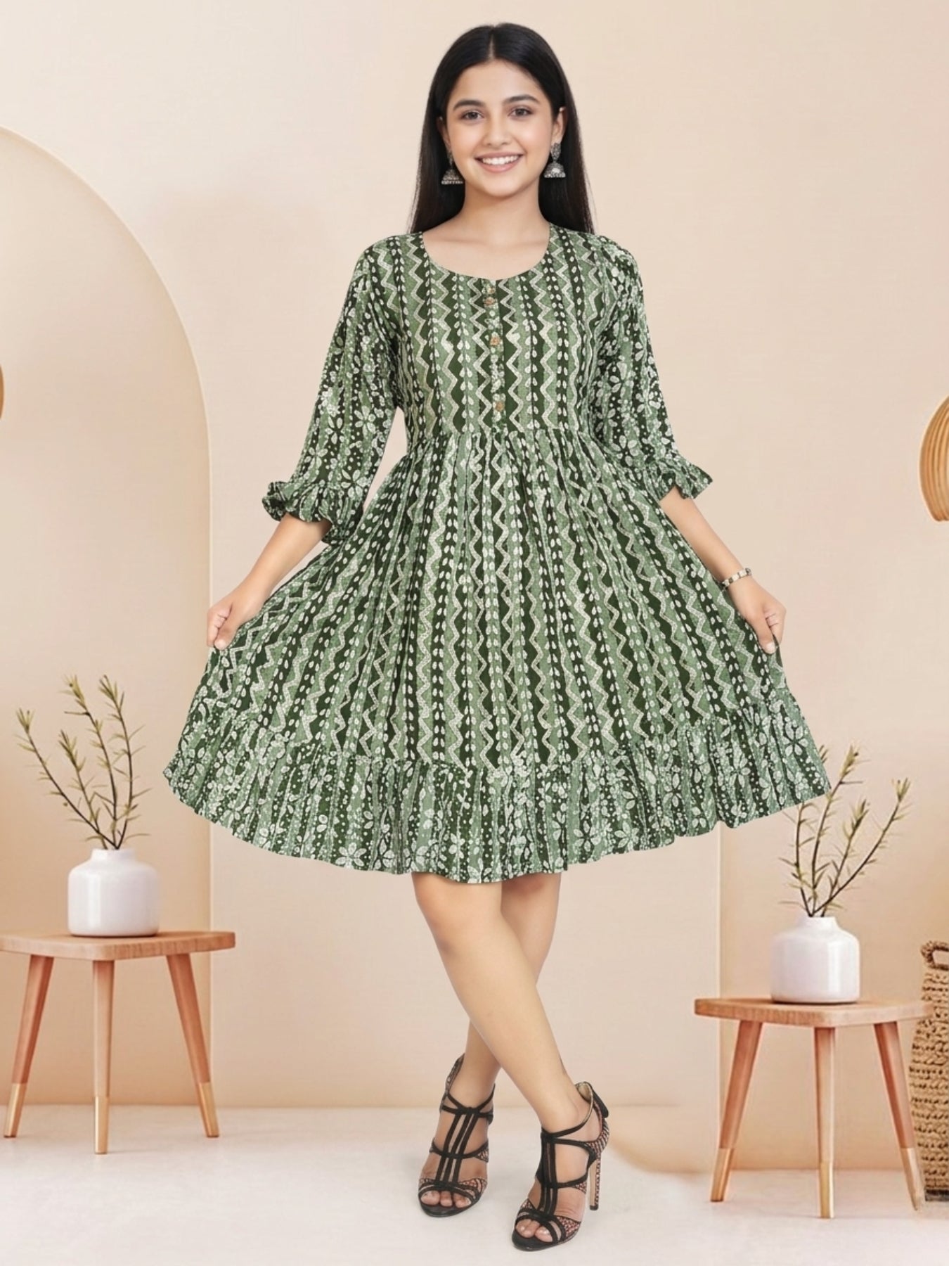 Olive Green Batik Hand Printed Cotton Straight Tunic