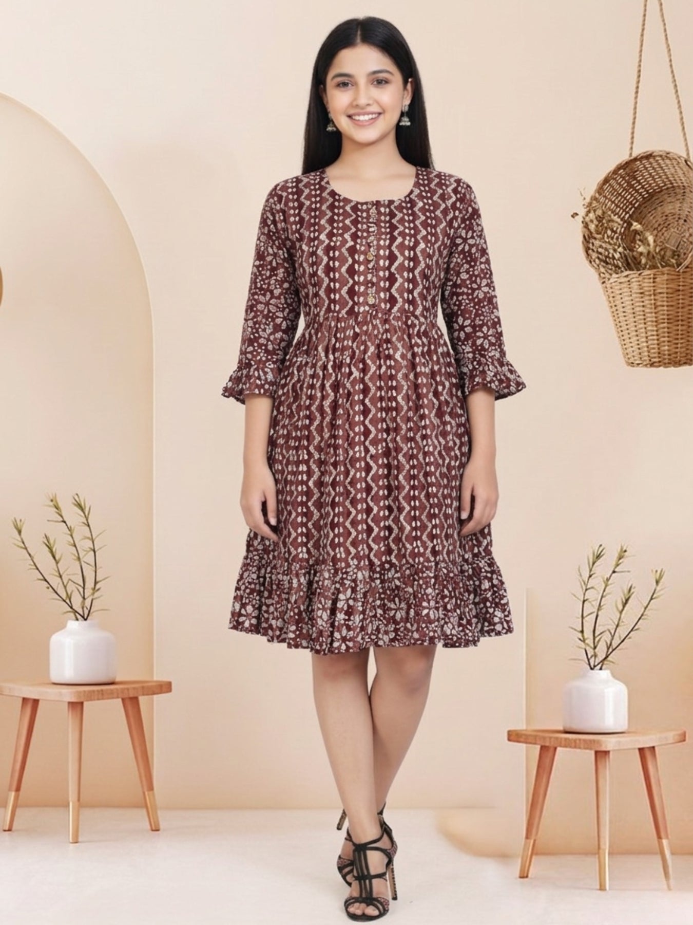 Maroon Batik Hand Printed Cotton Straight Tunic