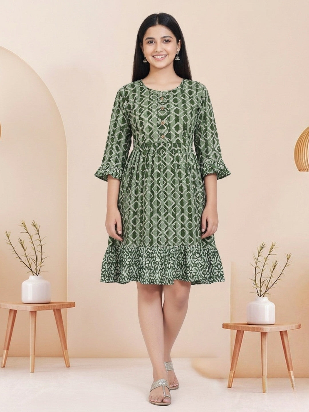 Olive Green Batik Hand Printed Cotton Straight Tunic