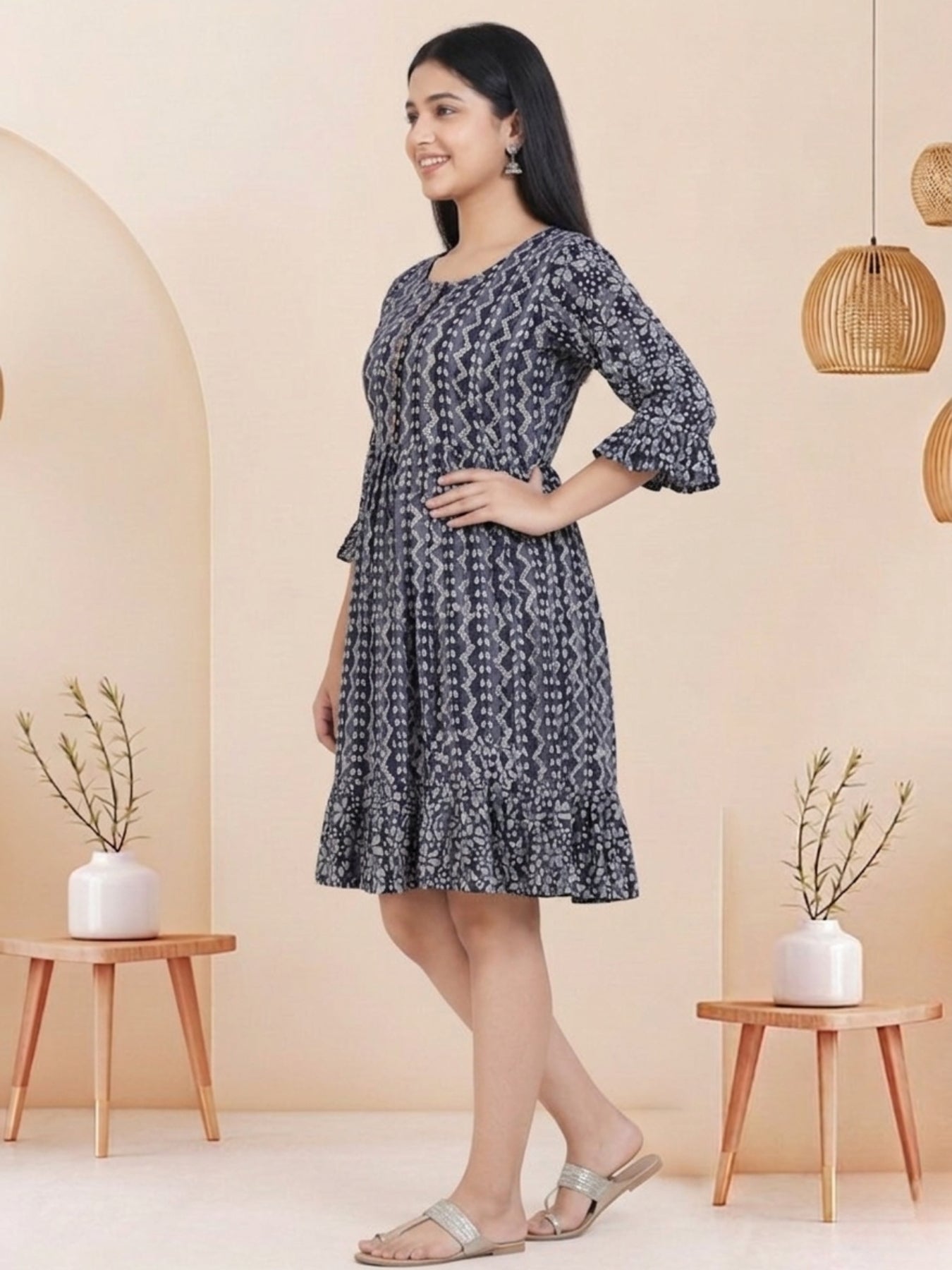 Navy Blue Batik Hand Printed Cotton Straight Tunic