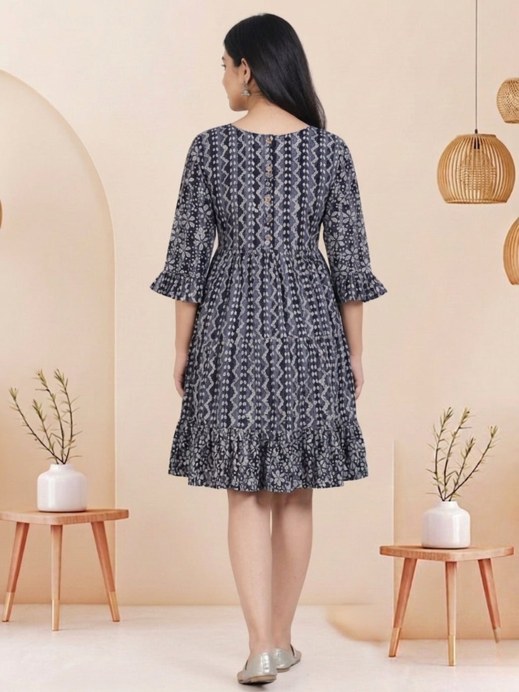 Navy Blue Batik Hand Printed Cotton Straight Tunic