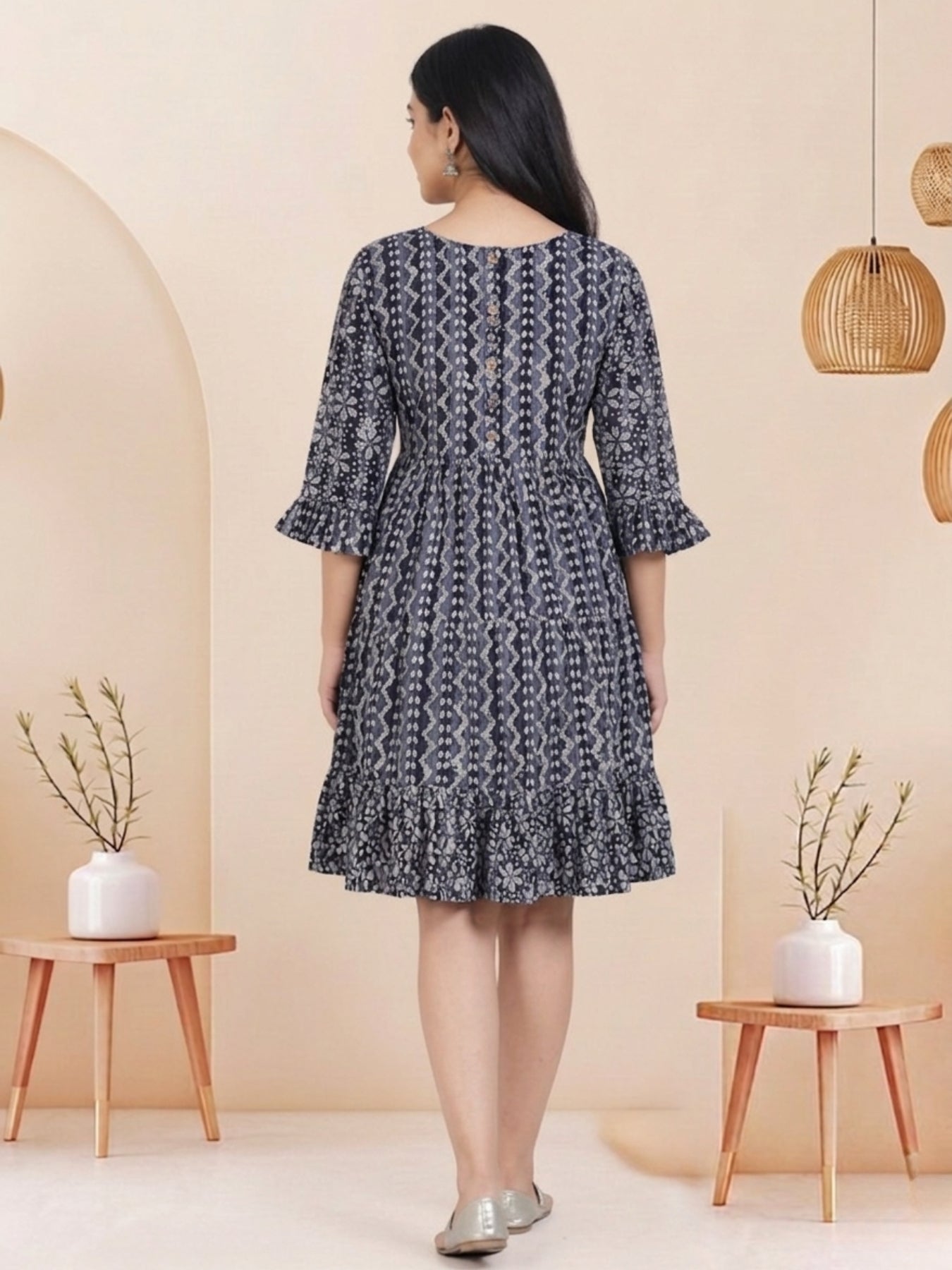 Navy Blue Batik Hand Printed Cotton Straight Tunic