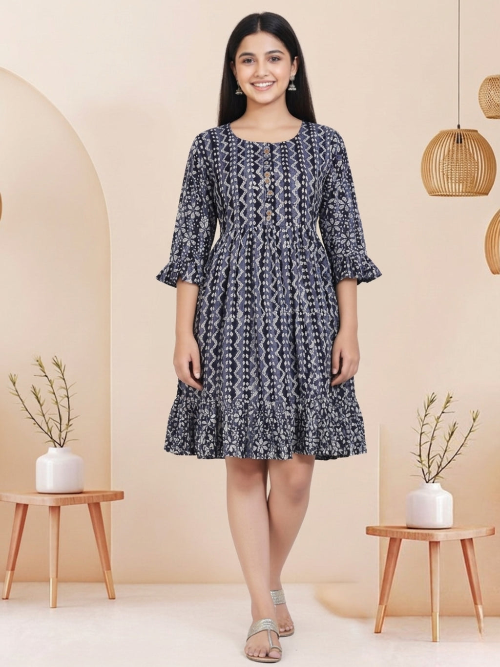 Navy Blue Batik Hand Printed Cotton Straight Tunic
