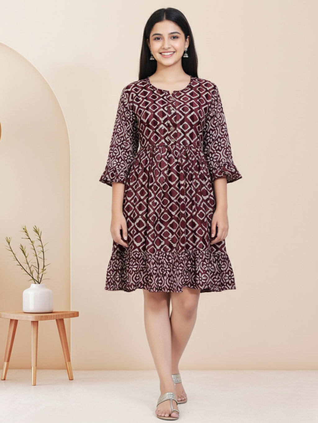 Maroon Batik Hand Printed Cotton Straight Tunic