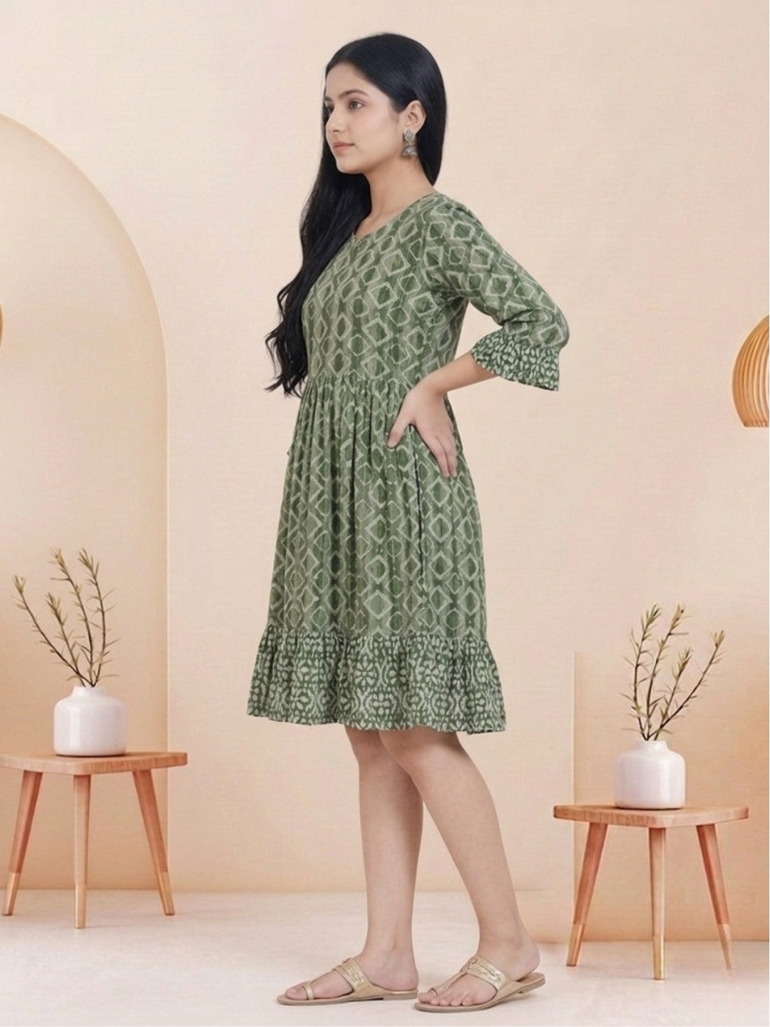 Olive Green Batik Hand Printed Cotton Straight Tunic