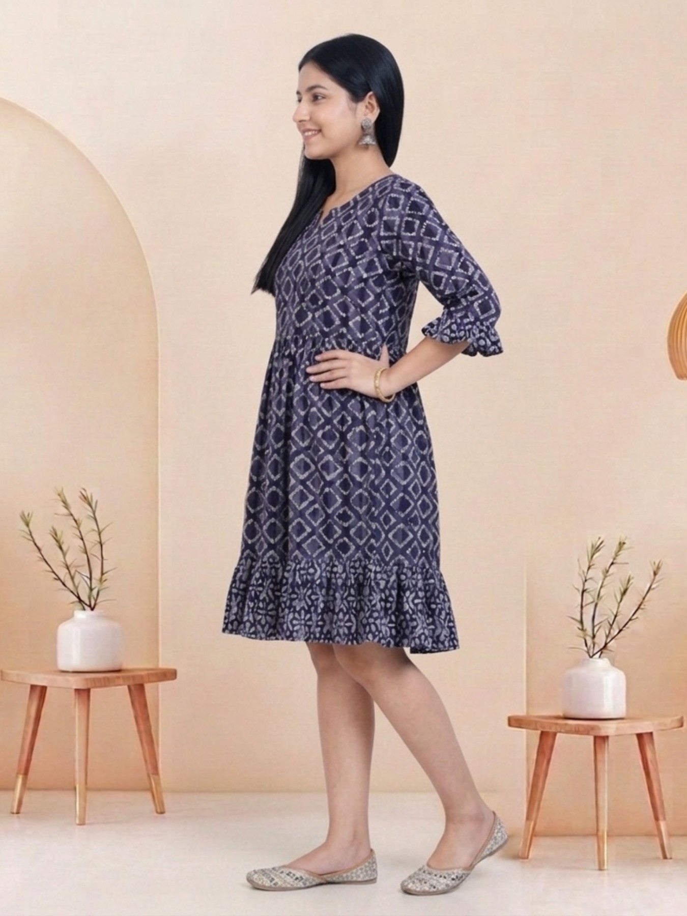 Navy Blue Batik Hand Printed Cotton Straight Tunic
