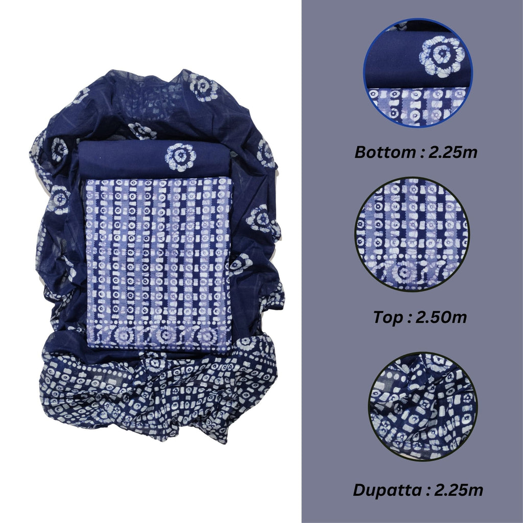 Navy Blue Printed Cotton Dress Material With Dupatta