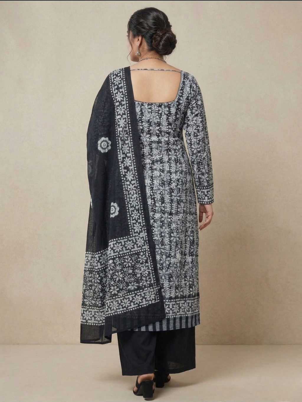 Black Soft Cotton Batik Print Plus Size Dress Material
