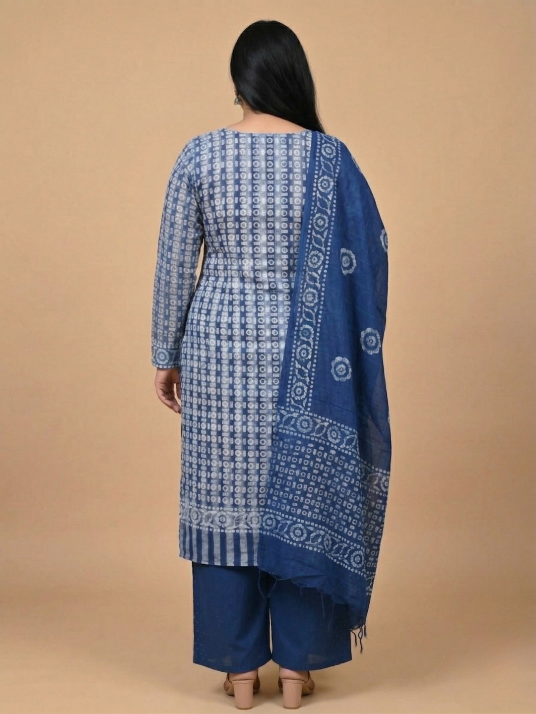 Blue Geometric Cotton Batik Print Plus Size Dress Material